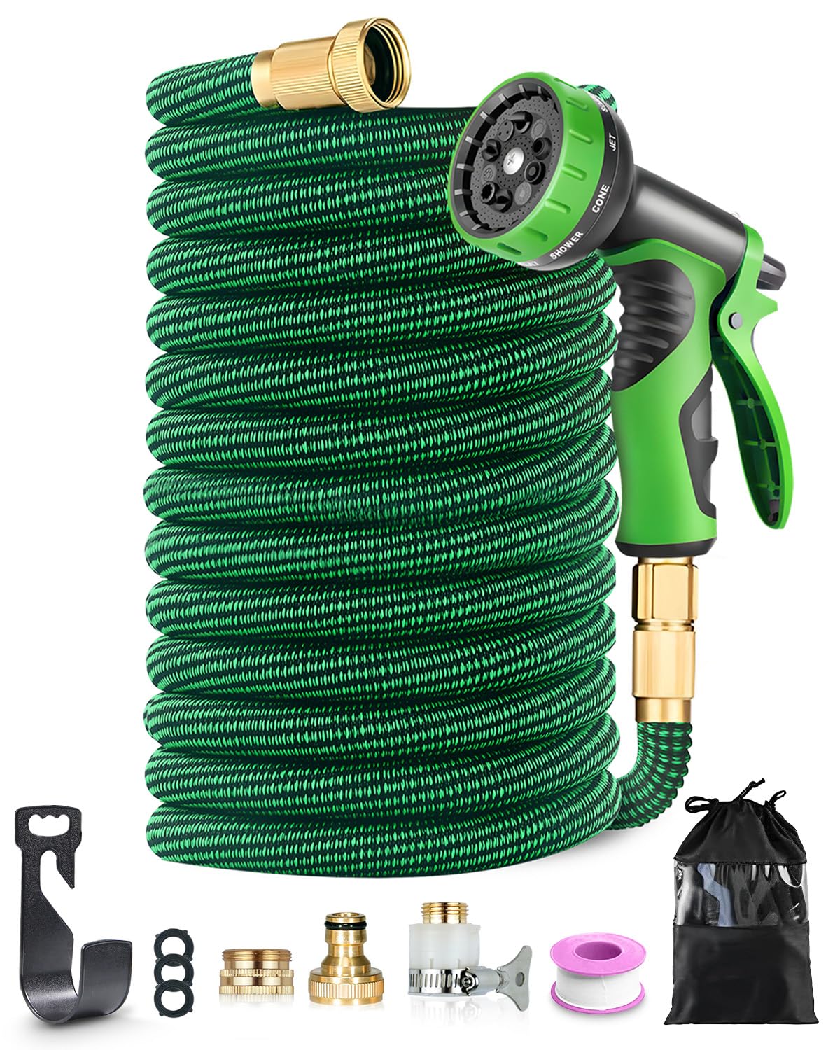 Tubo da Giardino Estensibile 45m (150ft) | Raccordi in Ottone e 10 Funzioni | Tessuto 3750D Ultra Resistente