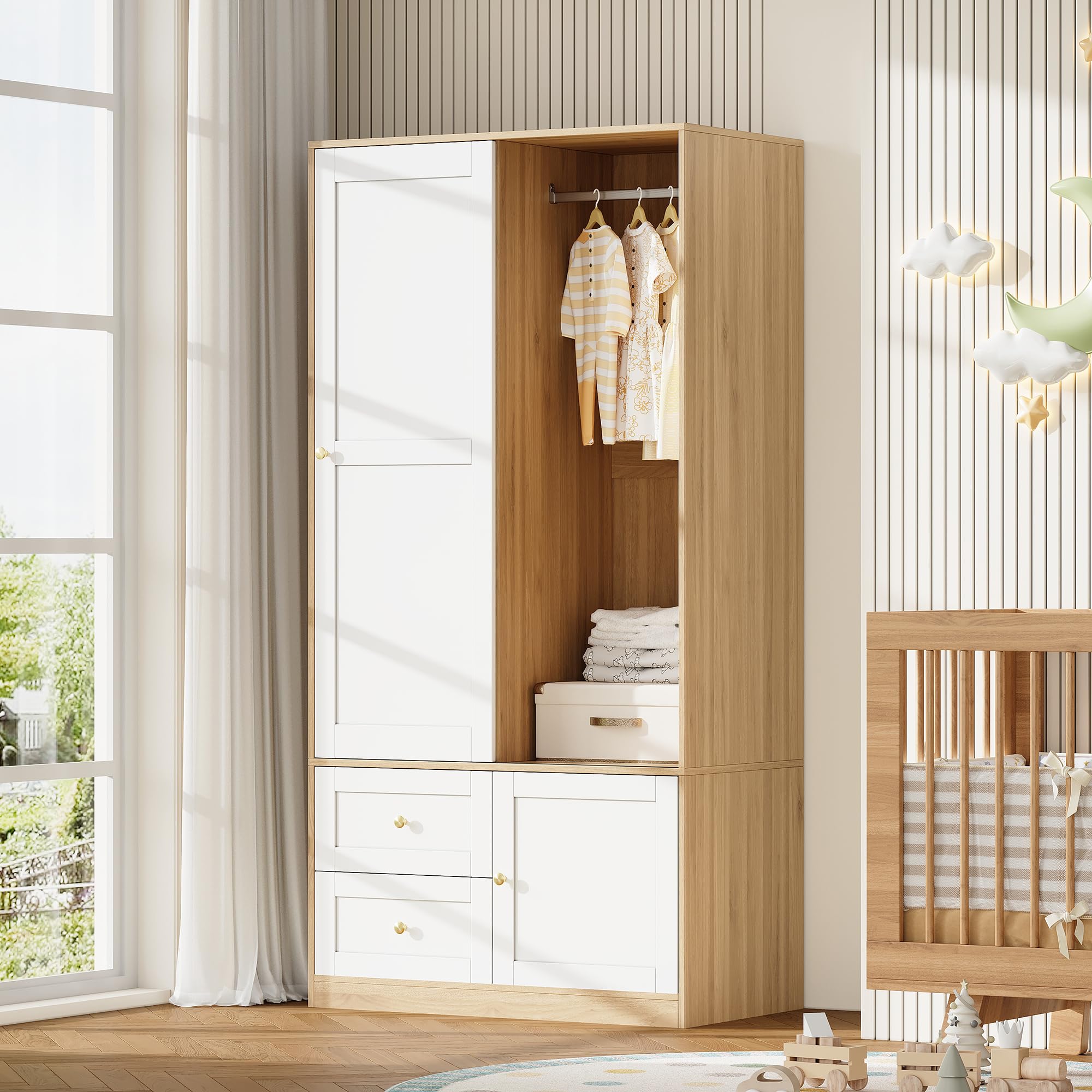 Armario con puertas correderas de madera blanca 90x50x180 cm, armario de puerta corredera multifunción con barra y cajones para dormitorio