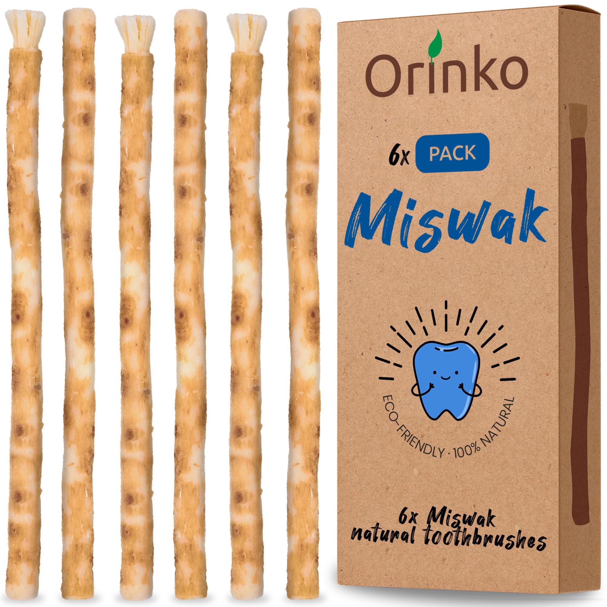 ORINKO® Miswak Stick x6 - Natural Chewable Wooden Toothbrush for Oral Hygiene - Organic Miswak Dental Tool for Fresh Breath - Reusable Miswak for Teeth Whitening and Healthy Smiles