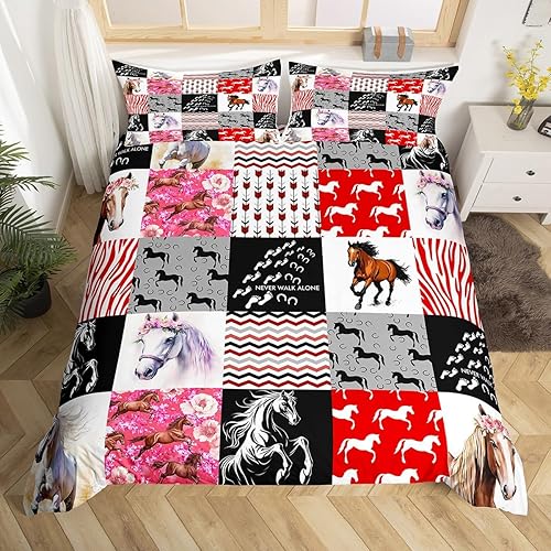 Juego de ropa de cama de caballo para niñas, funda de edredón de animales de granja, funda de edredón bohemia de vaquera occidental para