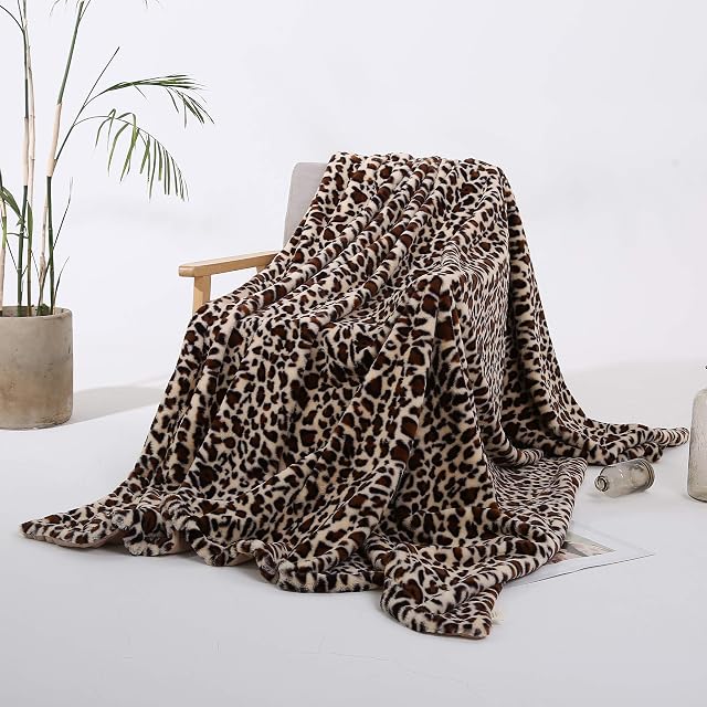 STYHO Luxury Fur Throw Snuggly Warm Blanket Soft Leopard Print Stylish Mink Faux Fur Throws Blankets for Sofa Bedroom 130 x 160cm