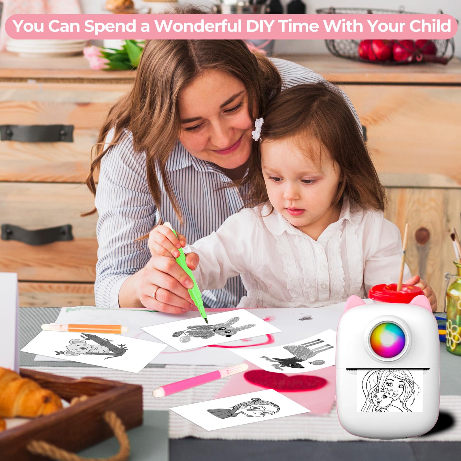 Mini Impresora para Movil, Impresora Termica Fotográficas, Impresora Mini Portátil Inalámbrico Compatible con iOS y Android para Fotos Nota (Rosa)