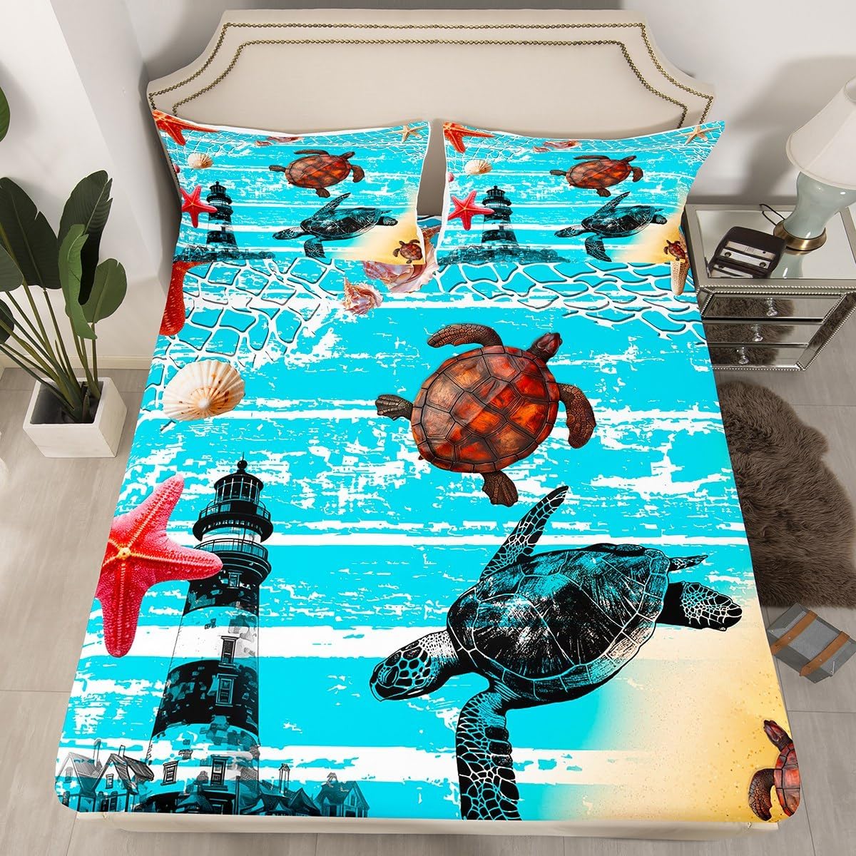 Sea Beach Fitted Sheet Full Size,Blue Ocean Themed Turtle Starfish Soft Fabric Deep Pocket Mattress Cover,Lighthouse Sketch Rustic Farm Board Bed Cover with 2 Pillowcases,No Flat Sheet