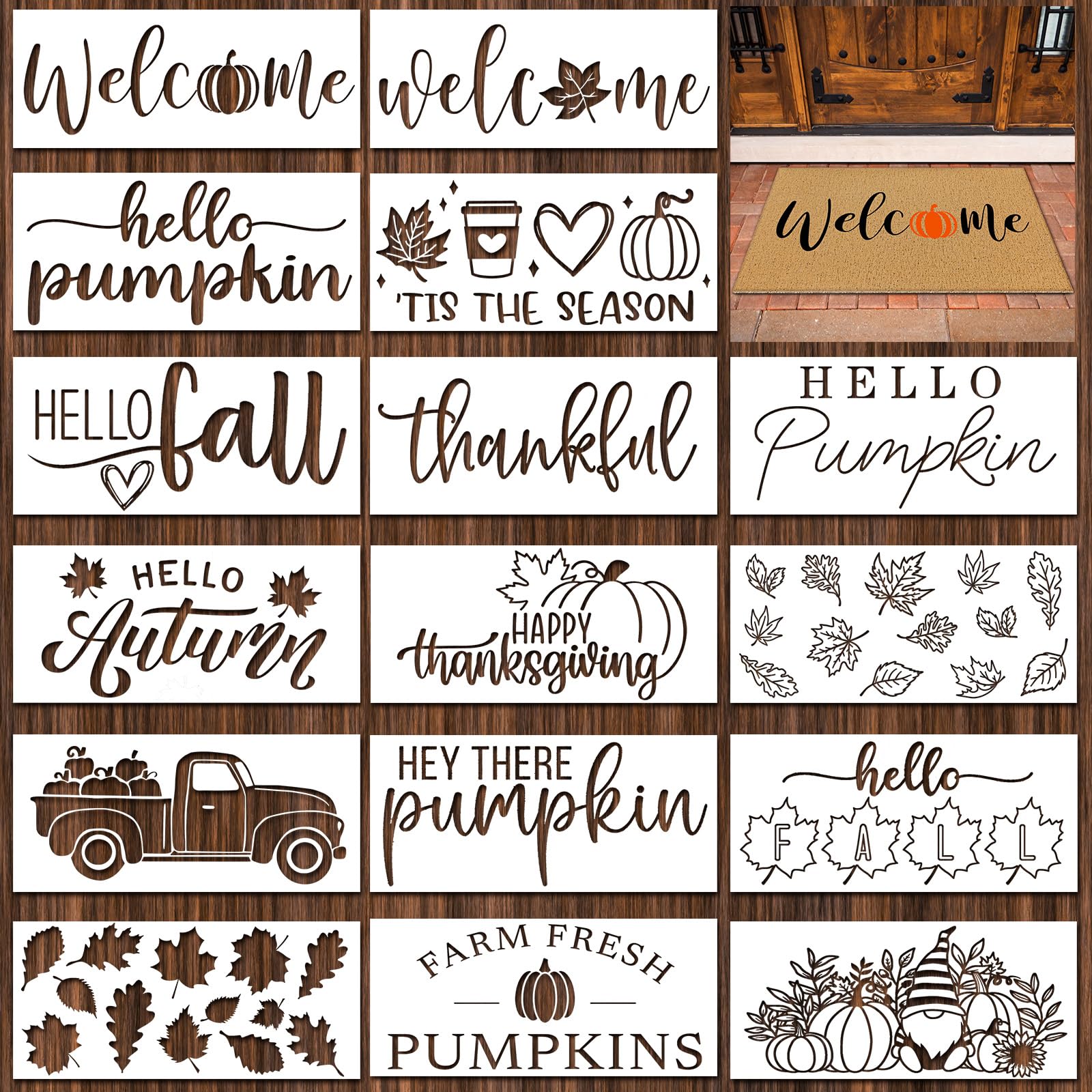Dunzy 16 Pcs Fall Stencils for Door Mats Crafts Reusable Pumpkin Welcome Templates Large Hello Stencil for Autumn Thanksgiving Painting on Wood Sign Wall Doormat DIY Project โ image 1