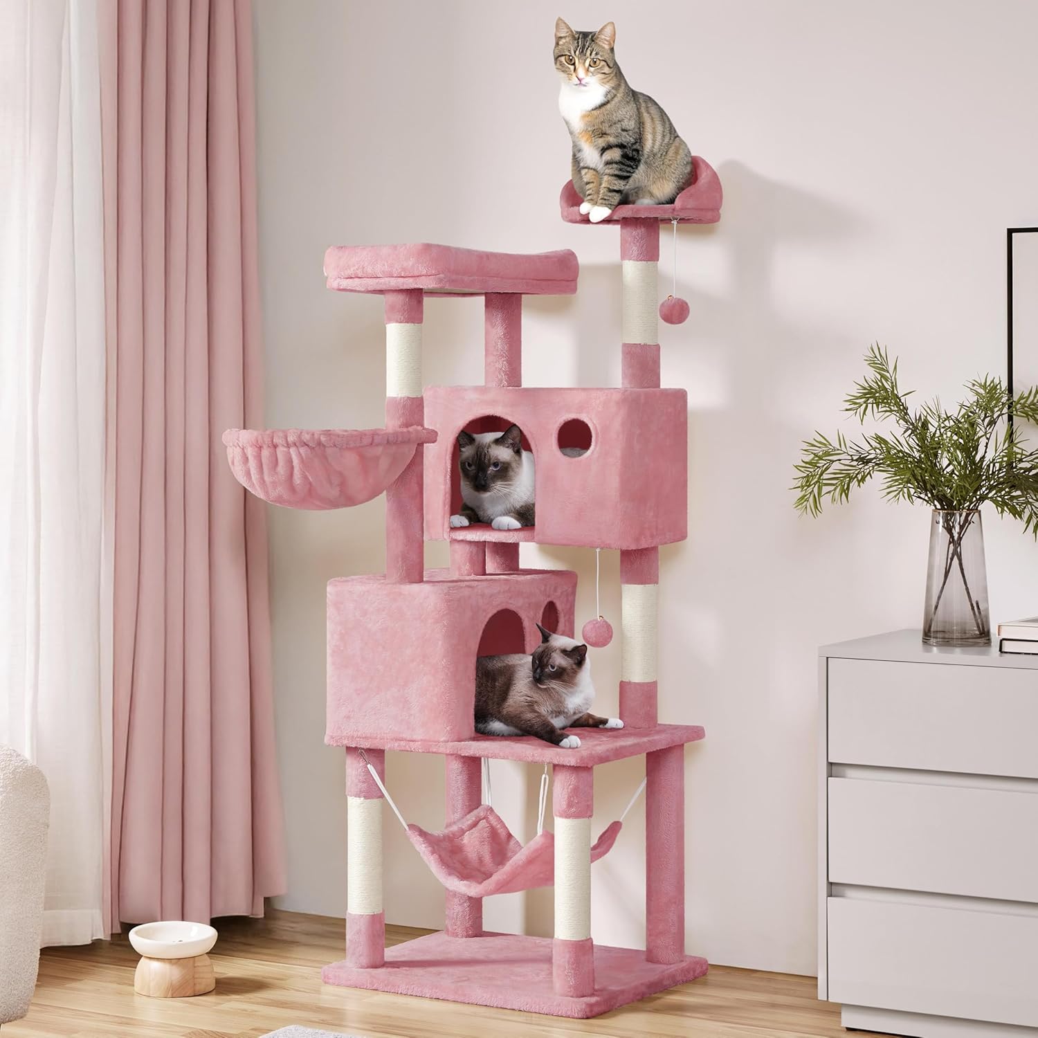 Fully assembled Yaheetech Multi-Level Cat Tree with cats enjoying different levels