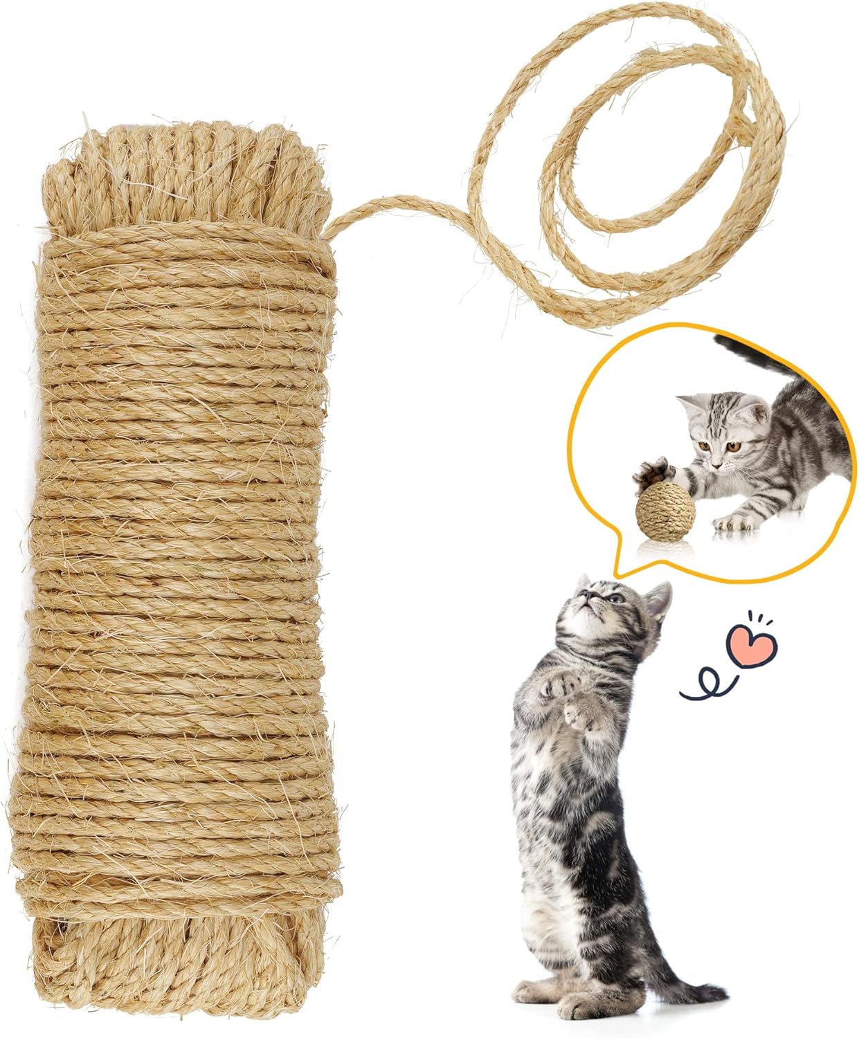 PETTOM Sisal Rope for Cat Scratcher 6mm (50m), Cat Rope for Scratching