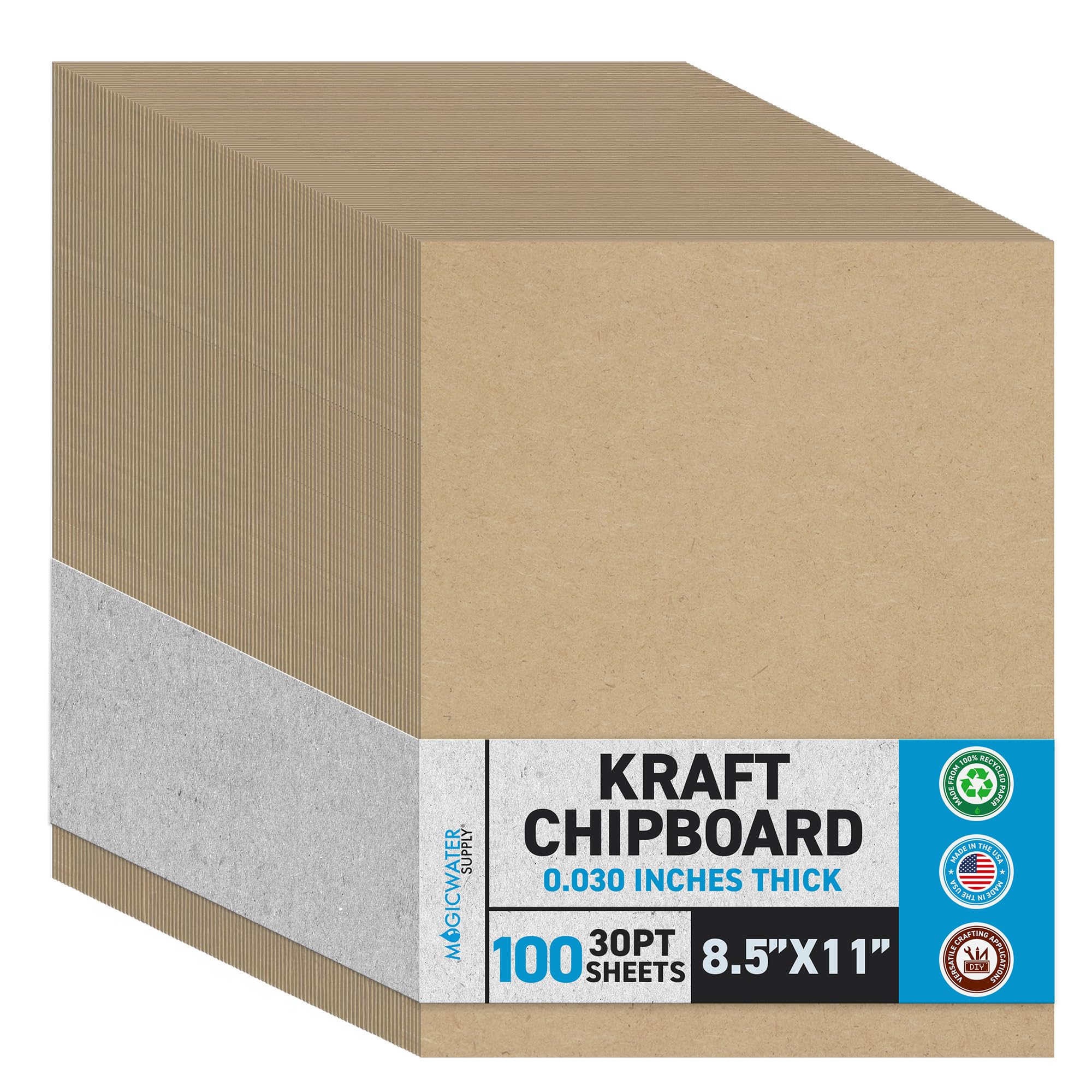 MagicWater Chipboard Sheet for DIY Projects - 8.5x11 Inch - 100 Pack - 30 pt - Heavy Duty Kraft (0.030 Inch Thick) Paperboard, For Scrapbooking, Books, Picture Frame Backing, Arts Project & Crafts