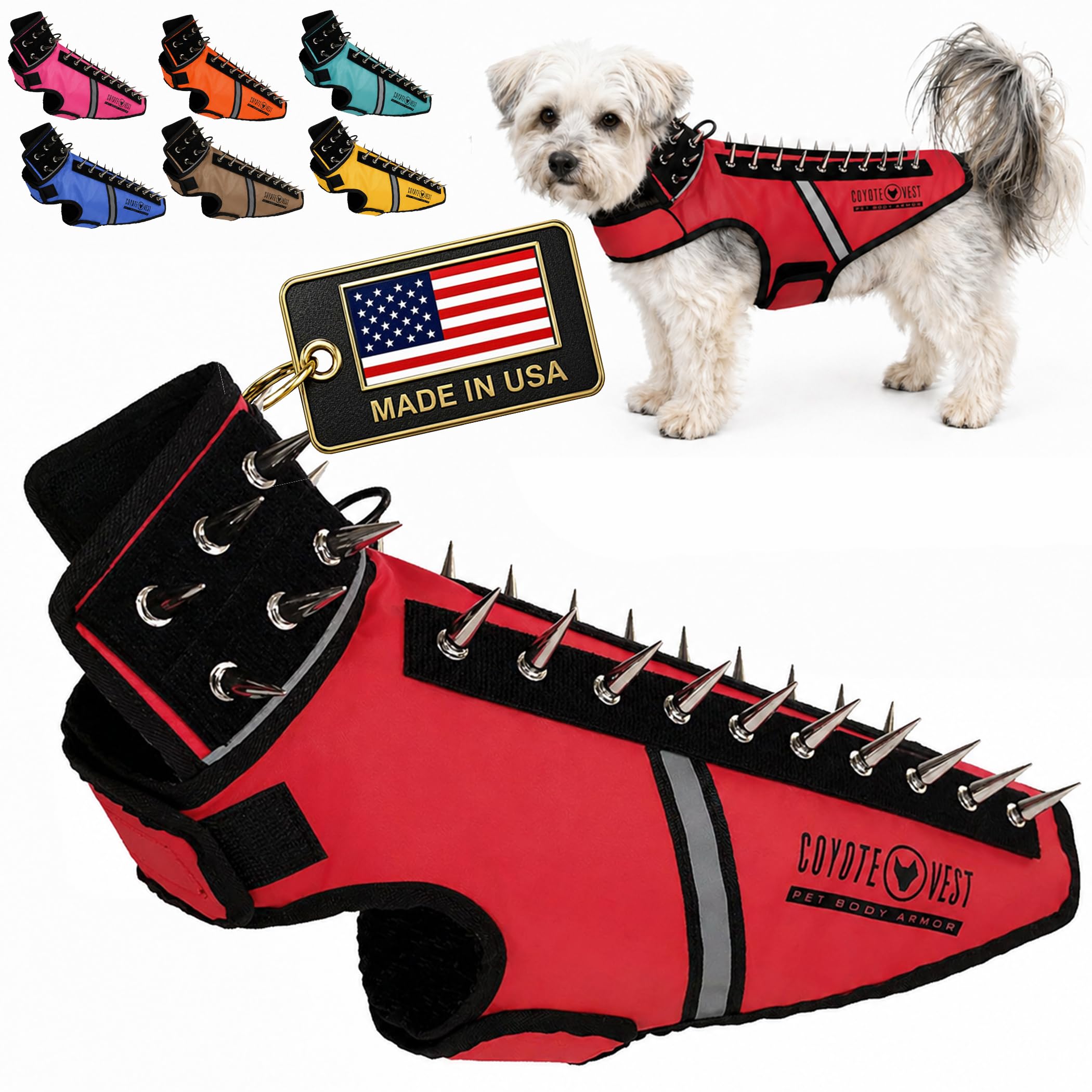 CoyoteVest SpikeVest Dog Harness Vest for Small Dogs, Reflective Dog Vest with Spikes to Shield Your pet from Coyotes, Raptor and Animal Attacks, Anti Hawk Vest, Made in USA (S-Red)