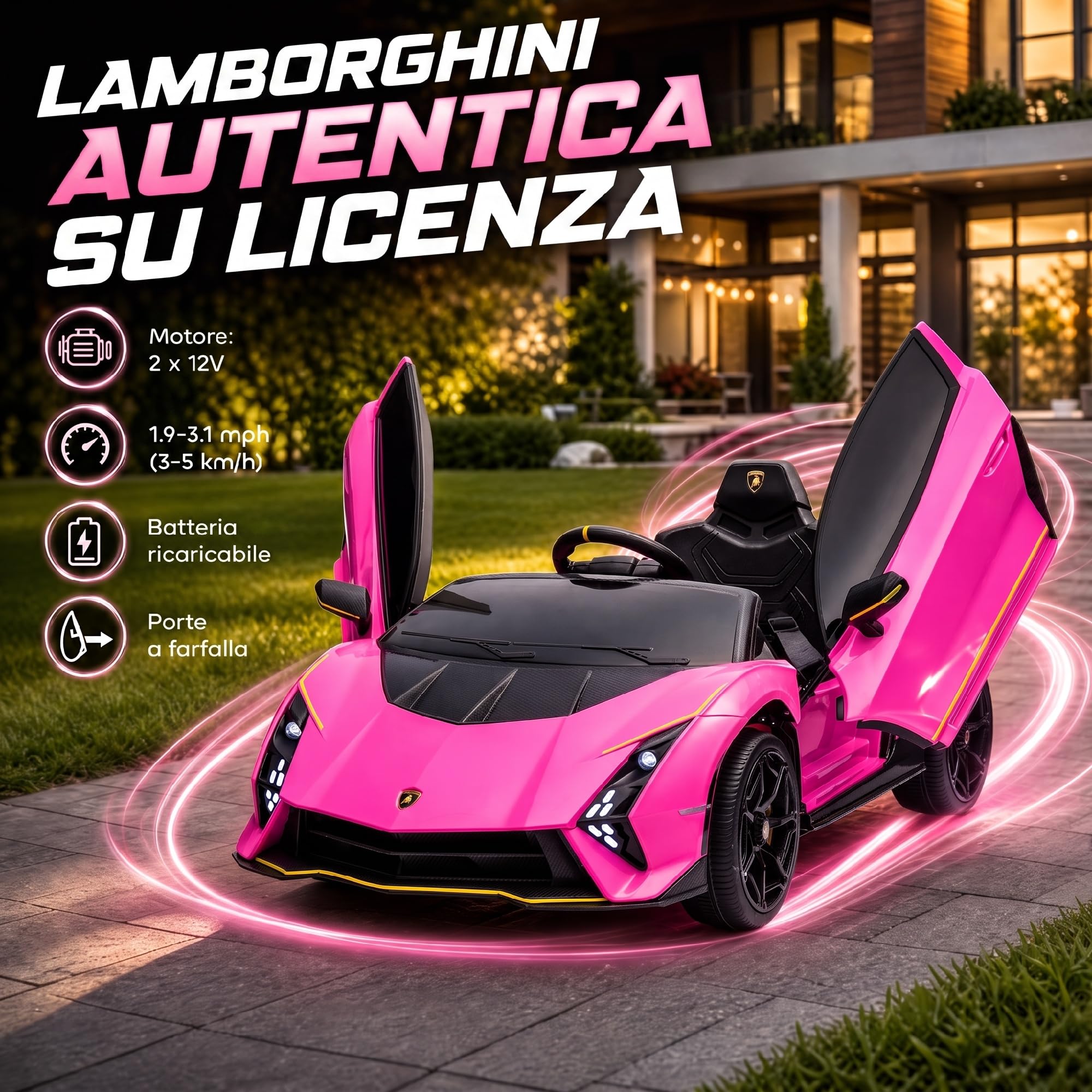 AIYAPLAY Macchina Elettrica per Bambini 3-6 Anni 12V Lamborghini Autentica, 3-5km/h Auto Elettrica per Bambini con 2 Motori, Porta a Forbice, Sospensioni, Fari, Musica, Telecomando, Cintura, Rosa