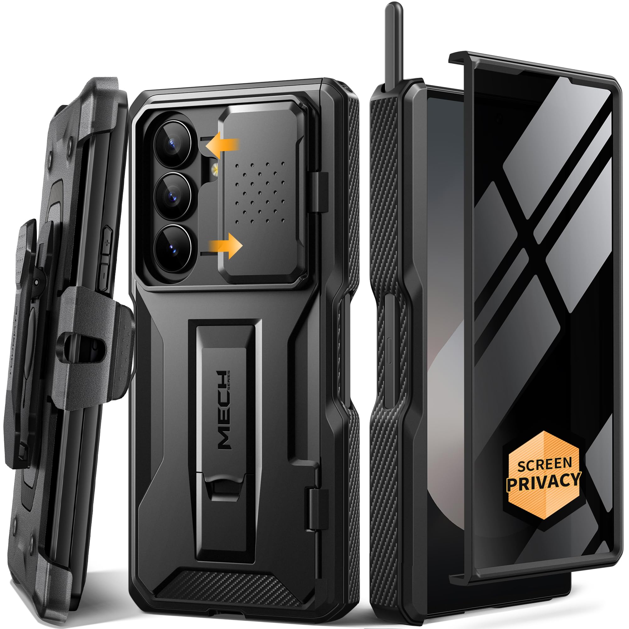 TONGATE for Z Fold 6 Case, [with S Pen Slot & Hinge Protection] [Privacy Glass Screen Protector] Full-Body Military Drop Phone Case for Samsung Galaxy Z Fold 6 with Kickstand & Belt Clip, Black
