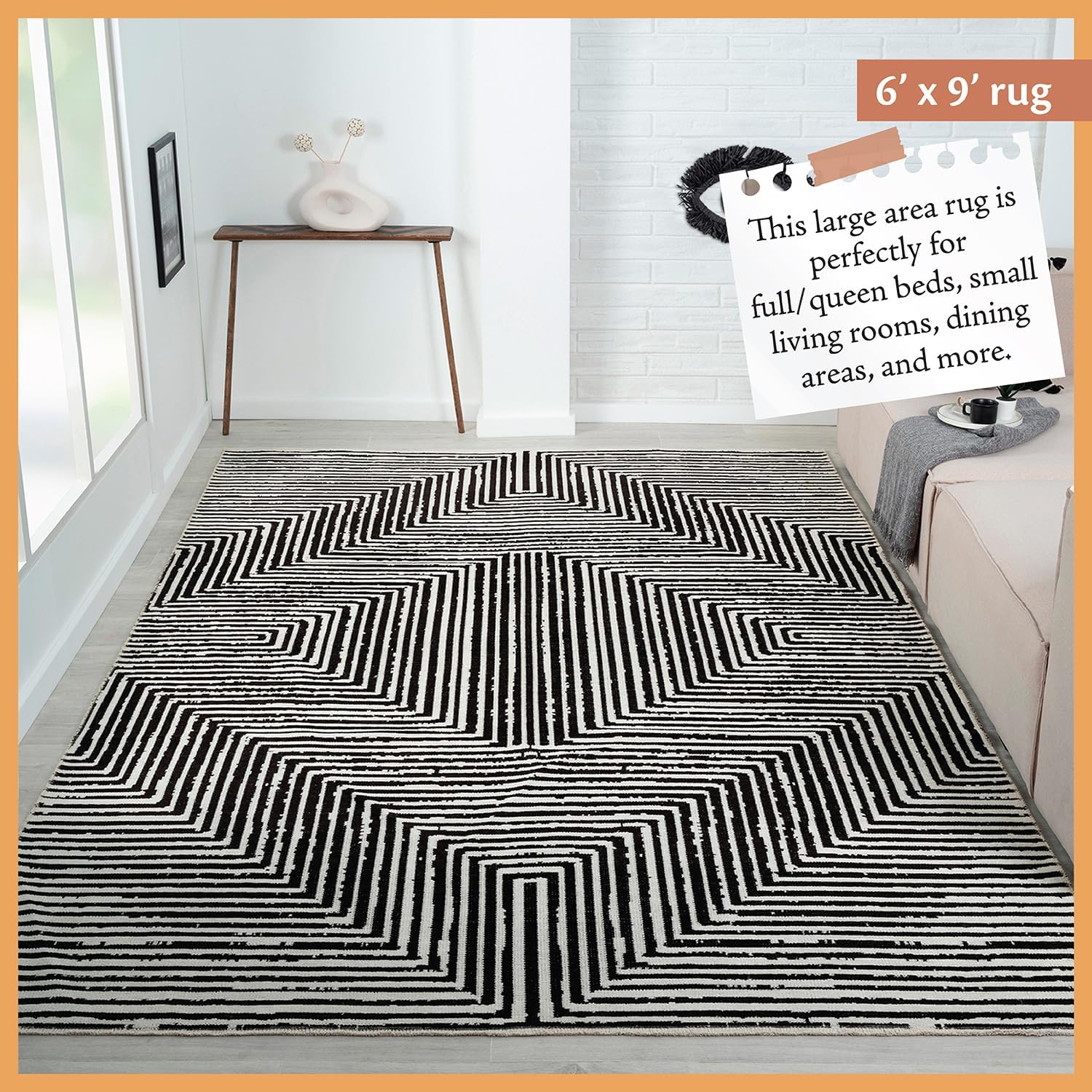 Indigo Ink - Washable Area Rug, Stain Resistant, Geometric Boho Decor, Easy to Clean, Ideal for Living Room, Bedroom, Office (6' x 9', Panther Black/White)