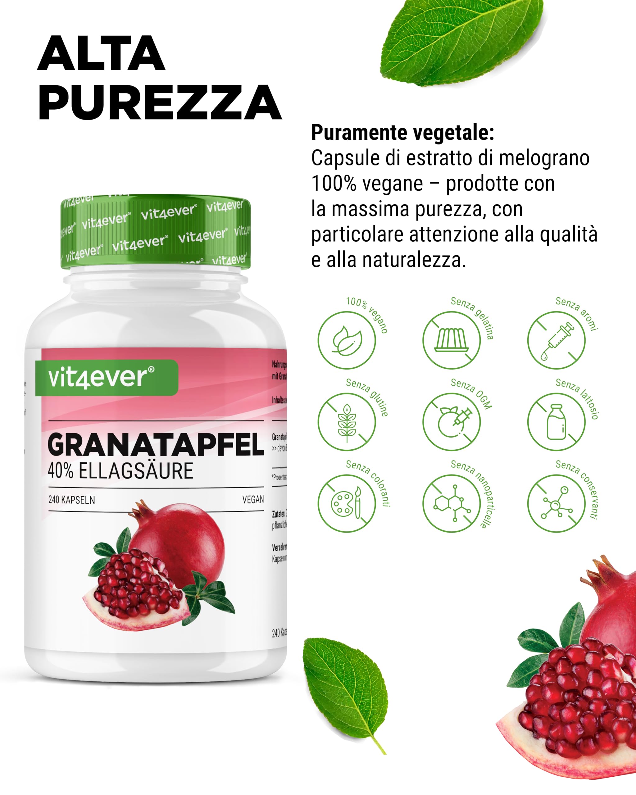 Estratto di melograno - 240 capsule vegane - Estratto naturale di qualità superiore con il 40% di acido ellagico - Dose elevata - Vegan