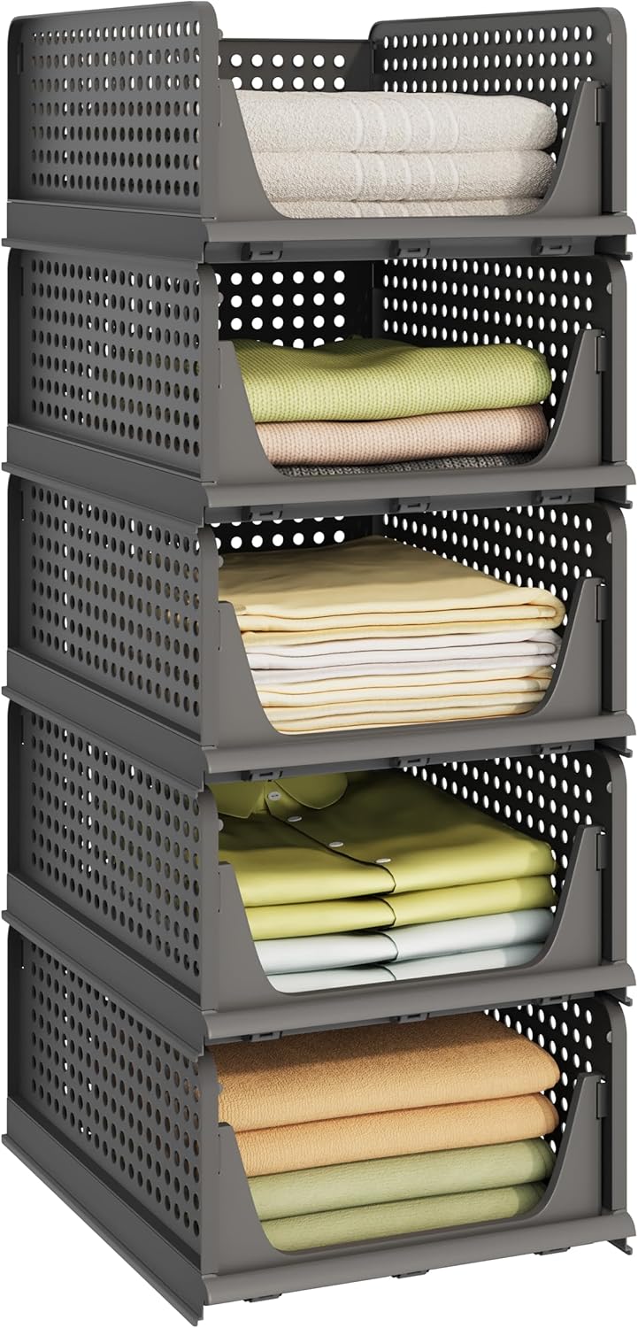 5 Pack Stackable Closet Organizers and Storage Bins, Multifunctional & Foldable Closet Clothes Organizer Box, Plastic Drawer Shelf Storage Bedroom Bathroom Kitchen Office Laundry Room, Black