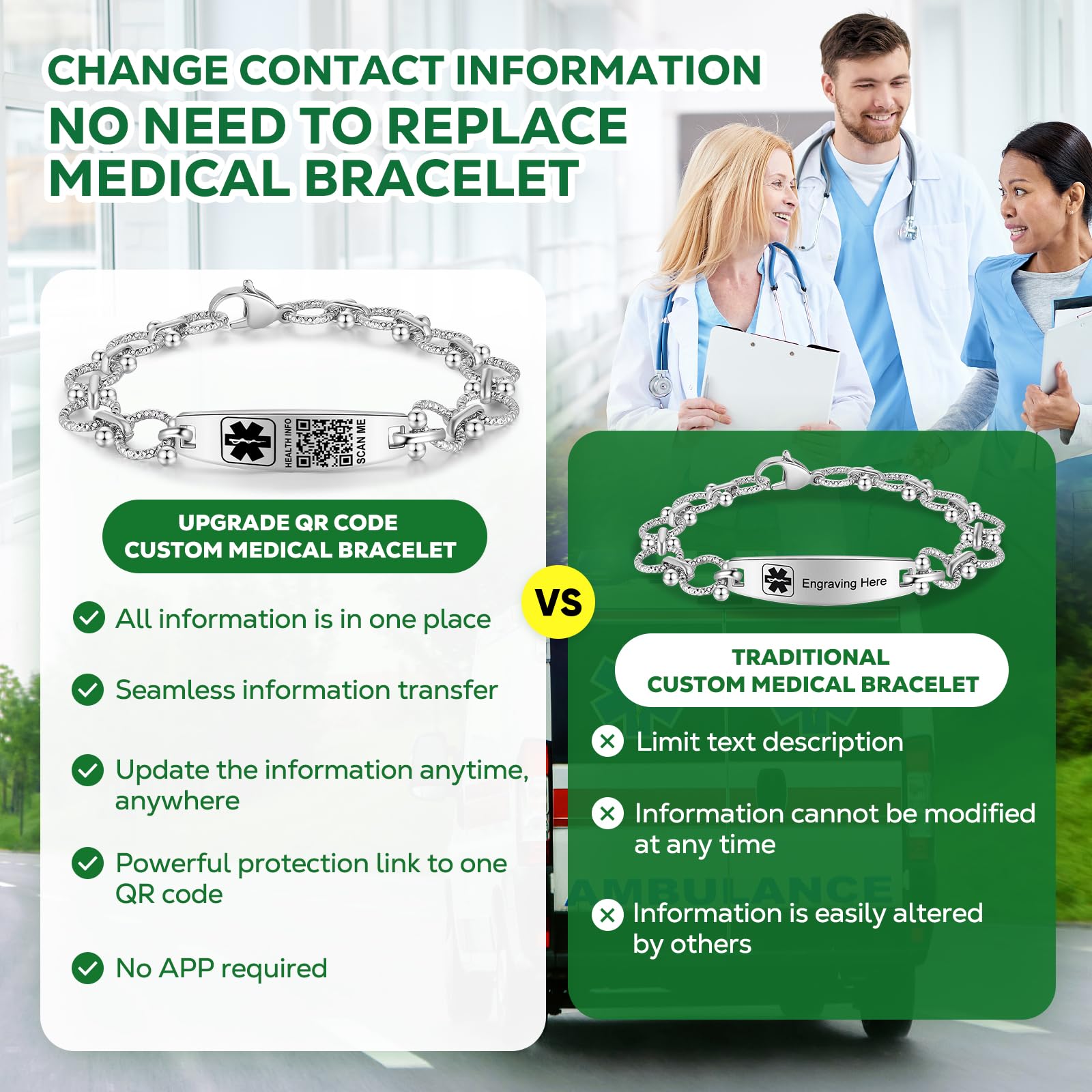 Verbessertes QR-Code-Armband für Damen, medizinisches Notfall-Armband, Sterlingsilber, 17,8 cm ~ 22,9 cm Kettenglieder, mehr Platz sparen und ändern, Notfall-Med-Info