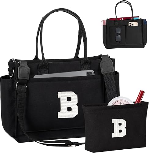 Miniatura 13 de Easter Basket Stuffers, Initial Tote Bag with Makeup Bag, Birthday Gifts for Women, Teen Girl Gifts Trendy Stuff Beige,Negro