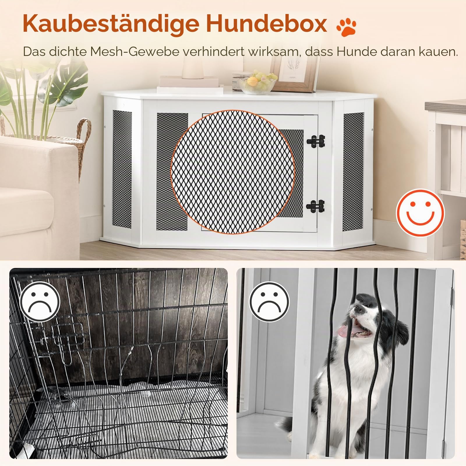 MAHANCRIS Eck Hundekäfig Möbel, Hundebox für Zuhause, im Innenbereich, 113 x 60 x 60 cm, Haustierkäfig für Kleine und Mittelgroße Hunde, Multifunktional, Vintage-Stil, Verwittertes Weiß ADCWT0801