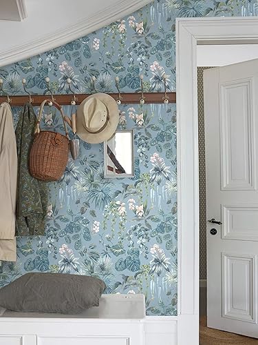 Vista 47 de Ismoon Papel tapiz verde para despegar y pegar, diseño bohemio floral y hojas en papel adhesivo grueso, papel adhesivo botánico oscuro, extraíble