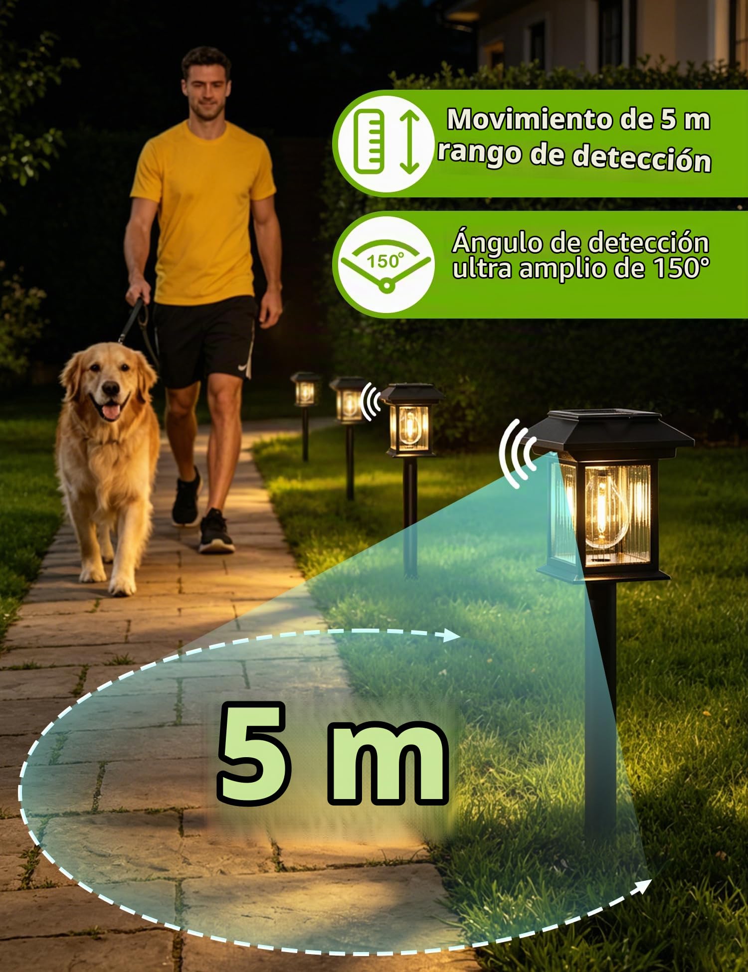 4 Piezas Luces Solares Exterior Jardín con Sensor de Movimiento, Carga USB | 3000k Luces Solares Jardin IP65, 3 Modos, Para Camino, Pared, Valla, Patio, Balcón, 3 en 1 Para Suelo, Pared o Colgante