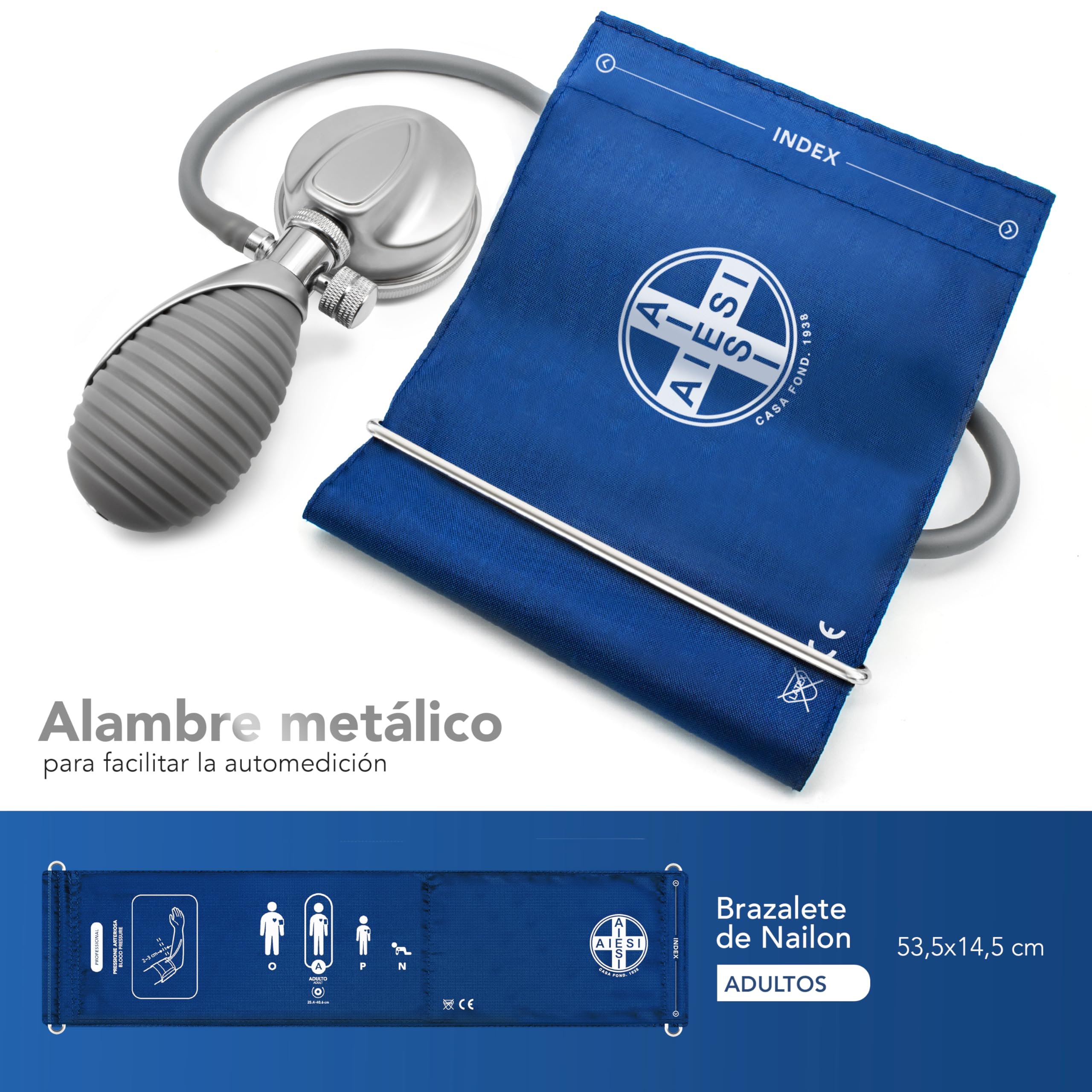 AIESI® Esfigmomanometro Manual Profesional Aneroide Tensiómetro palmar con brazalete de nylon para adultos y estetoscopio ANEROID A7, Agarre adjustable, Garantía 24 meses