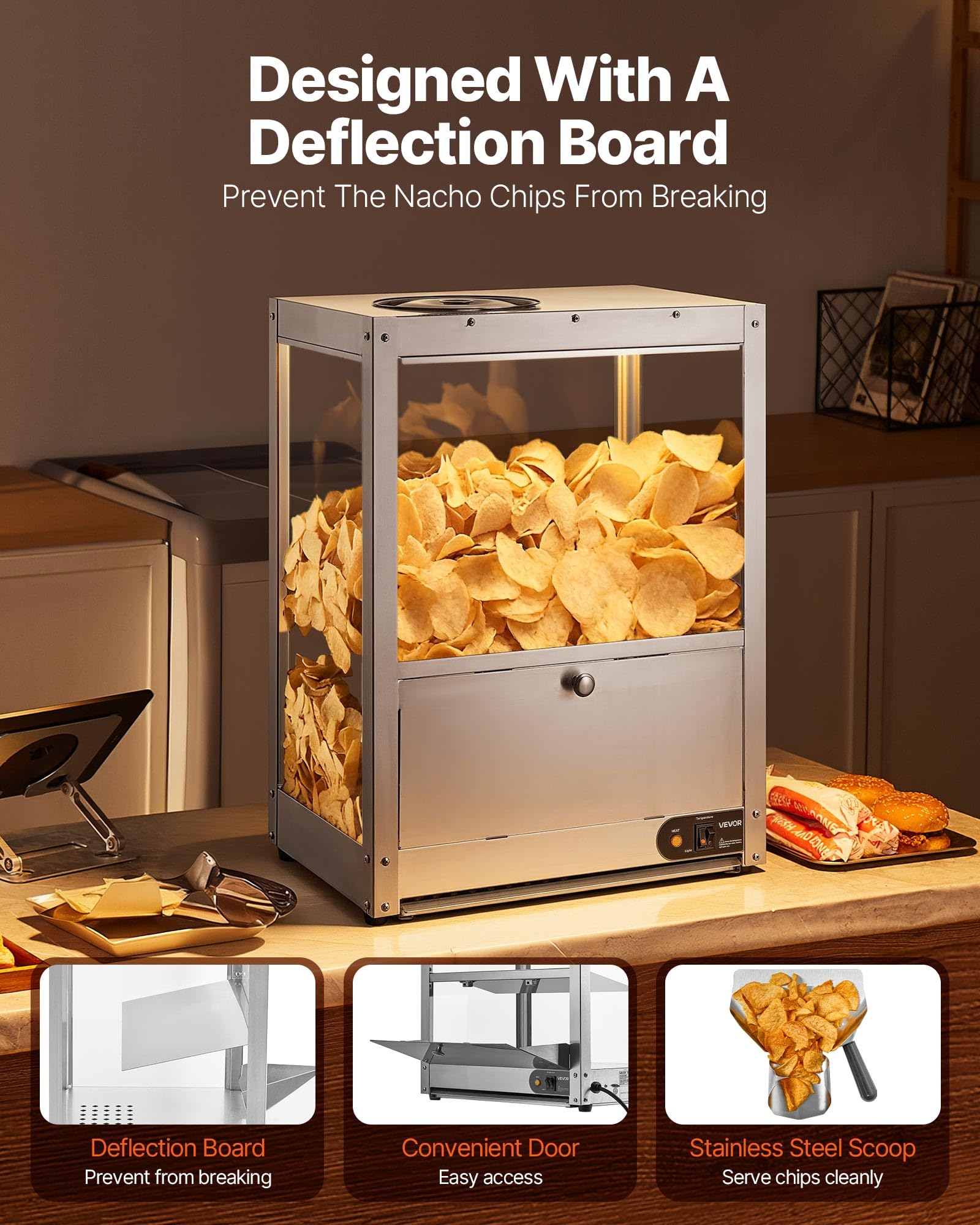 VEVOR Vitrine Chauffante 80 L, Chauffe-Nachos avec Base et Lampe Chauffante, pour Chips de Pomme de Terre Popcorn Cacahuètes Stade Cinéma Supérette Cafétéria Bar à Snacks, Présentoir à Chaud en INOX