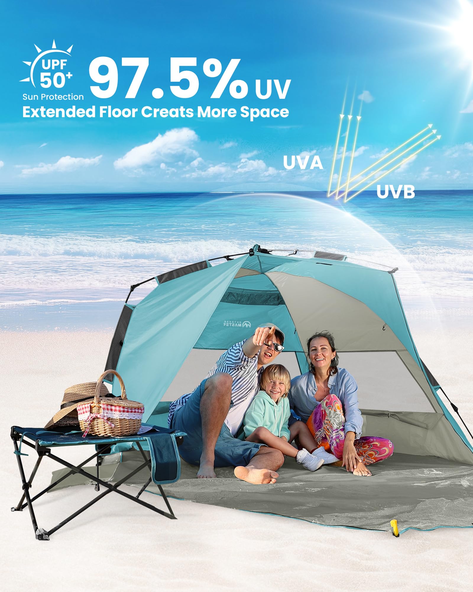 OutdoorMaster Tente de Plage Pop-up pour 3 à 4 Personnes XL – Installation Facile, auvent de Plage Pliable avec Protection UV UPF 50+, Lucarne de Toit Amovible, Taille familiale