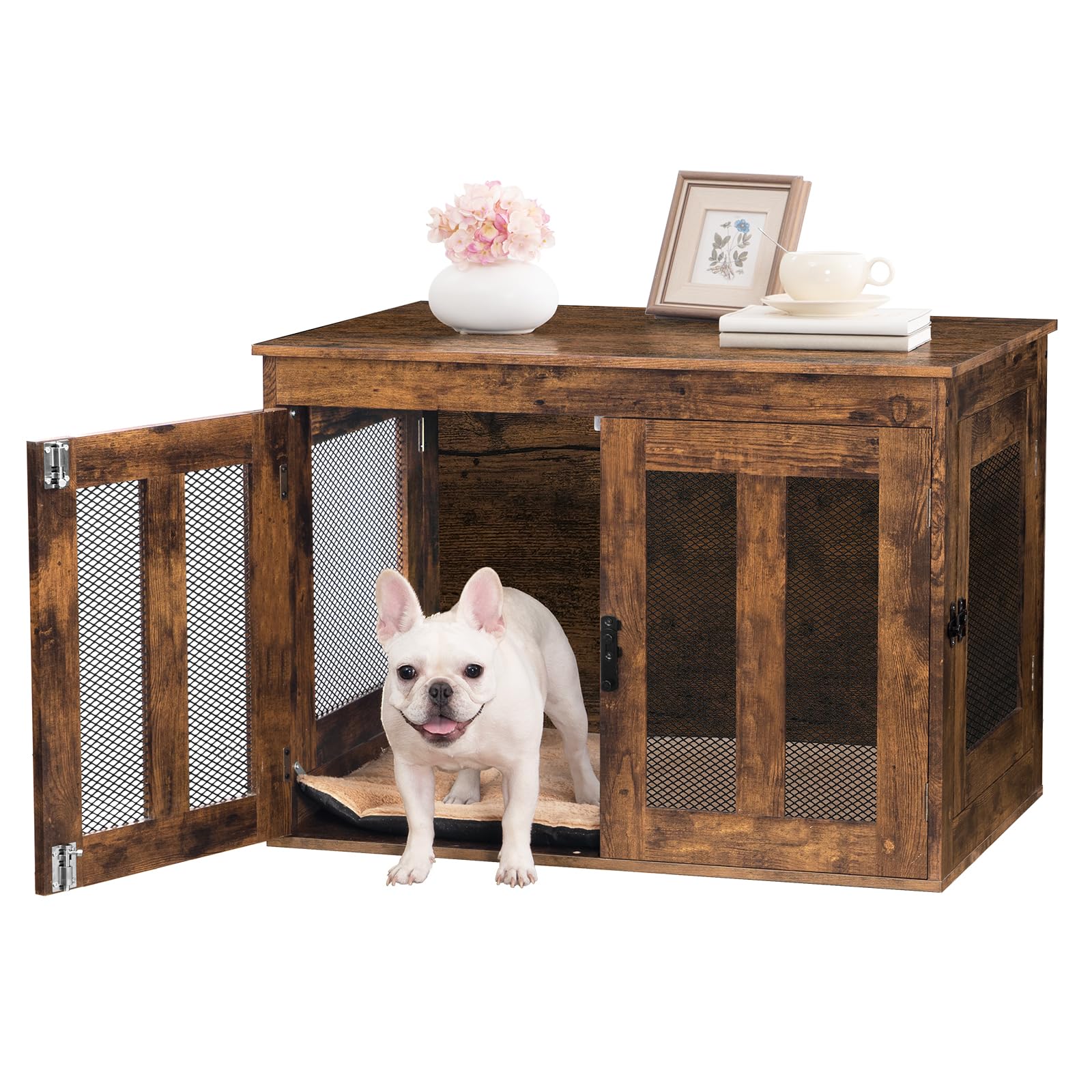 MAHANCRIS Dog Crate Furniture with Cushion, Heavy Duty Dog Kennel with Double Doors, Decorative Wooden Pet House End Side Table, Indoor Dog Cage for Small Medium Dogs, Rustic Brown DCHR2601