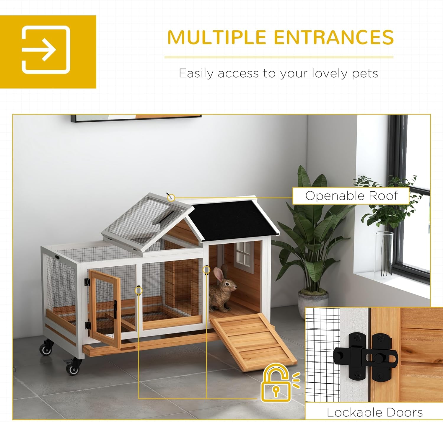 PawHut Rabbit Hutch showing multiple entrances and open roof