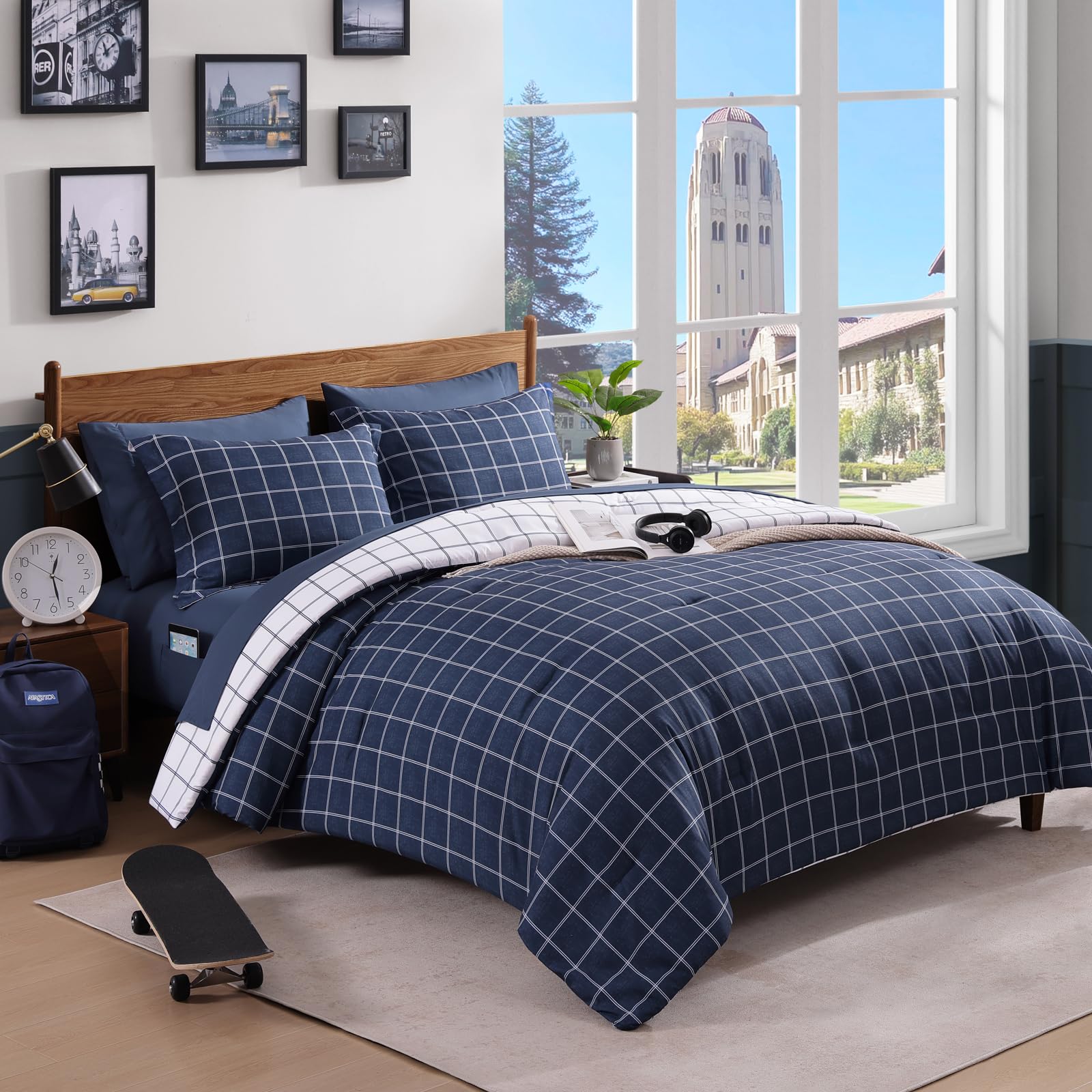 Plaid Queen Schmusetuch Set dunkelblau 7-teilig Wendebett in einer Tasche | Farmhouse Bettwäsche-Set, kariert, für Jungen, Mädchen, Teenager, mit Laken, Kissenbezügen und Kissenbezügen