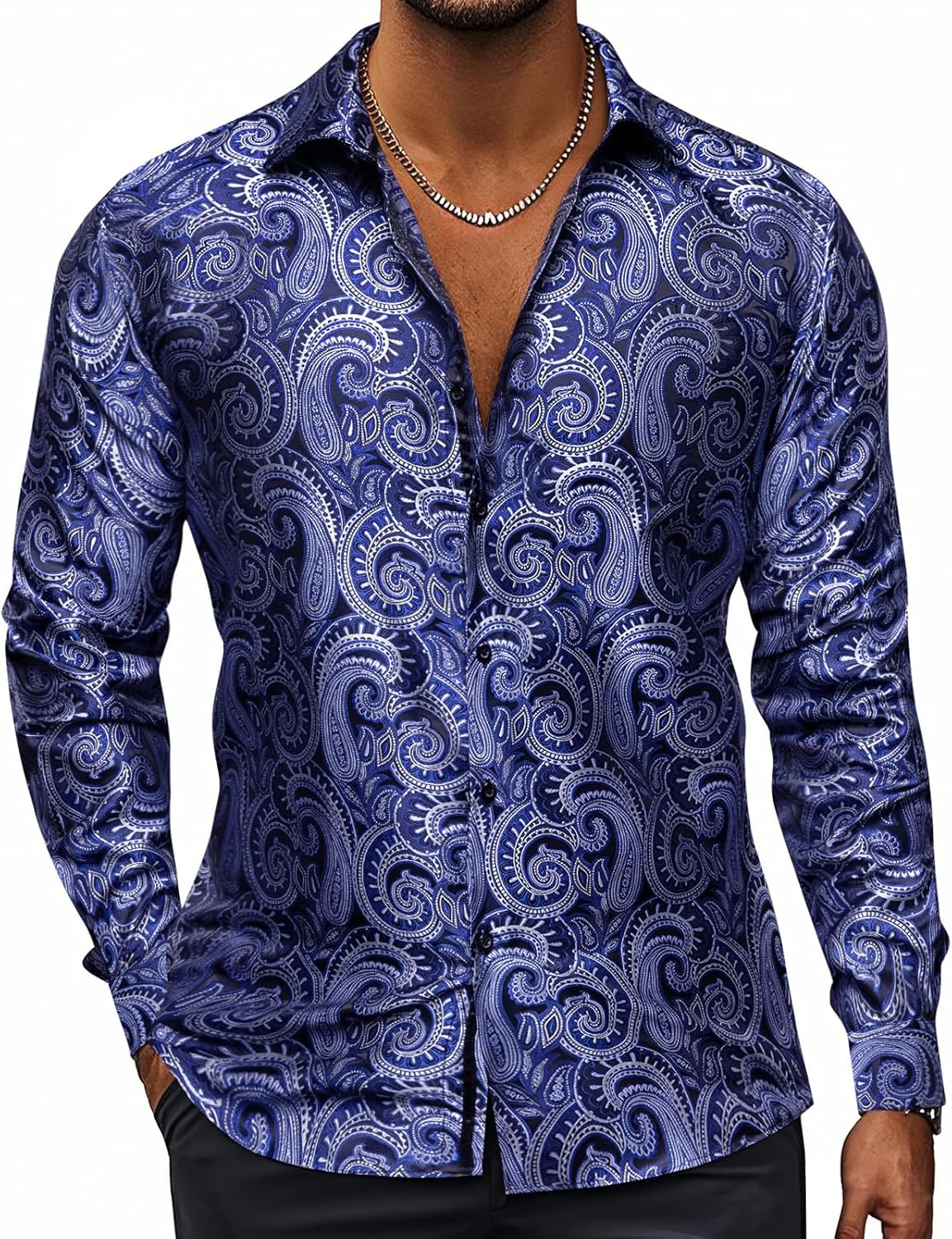 Hi-Tie Silk Mens Paisley Dress Shirts Casual Long Sleeve Button Down Regular Fit Shirts Formal Wedding Party Business