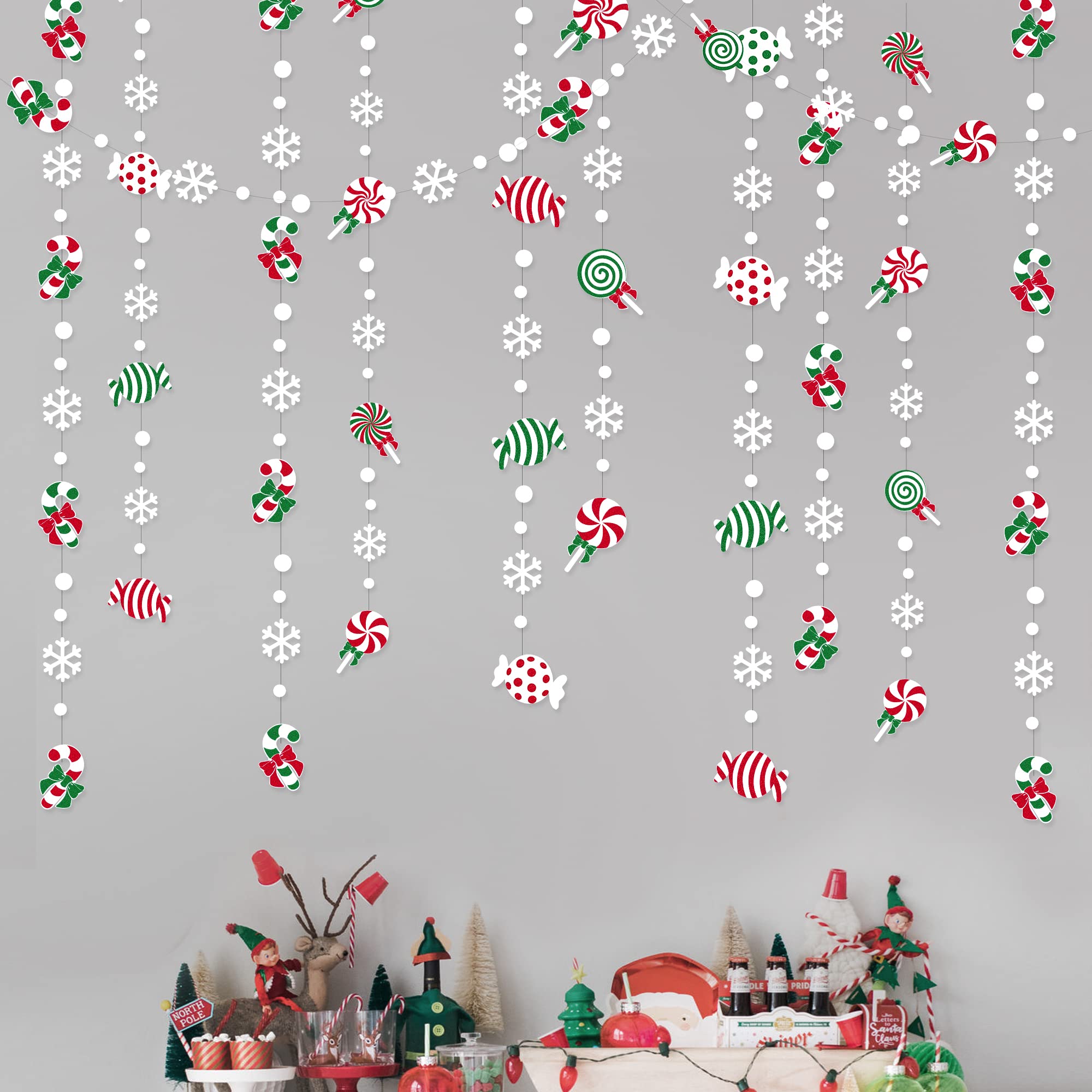 52Ft Red Green Sweet Candyland Garland Christmas Party Decorations Candy Cane Lollipop White Snowflake Dot Glitter Hanging Streamers Garland for Xmas Holiday New Year Merry Christmas Decorations