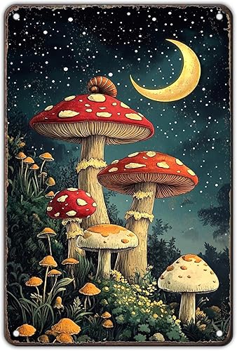 Letrero de hojalata retro con hongos vintage, decoración de pared de hongos, decoración de dormitorio, letreros de metal para el hogar, setas,