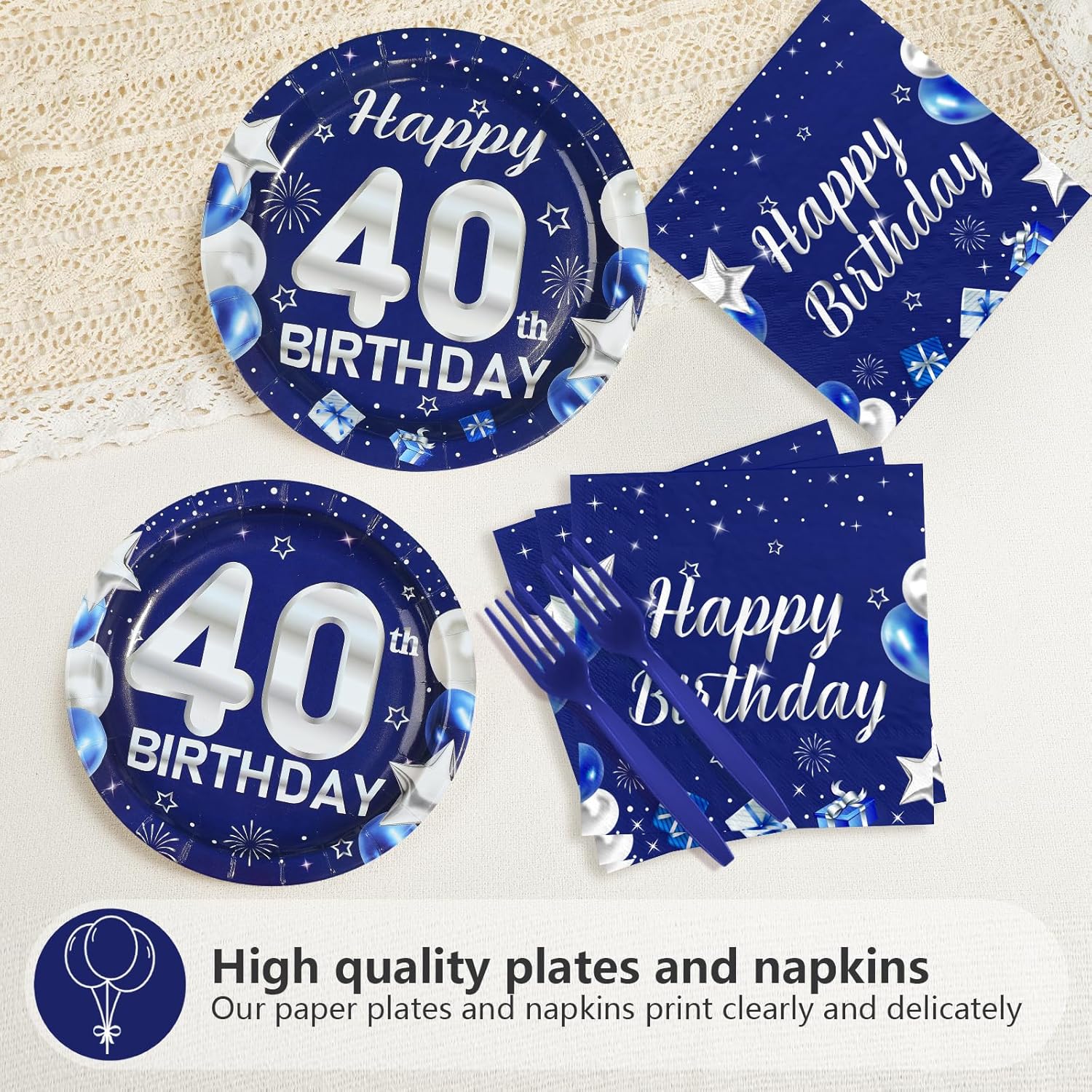 96Pcs 40th Birthday Party Decorations Blue and Silver Plates and Napkins Disposable Blue Silver 40 Years Old Paper Tableware Set for Men Women 40th Birthday Anniversary Party Supplies, Serves 24 - Image 3