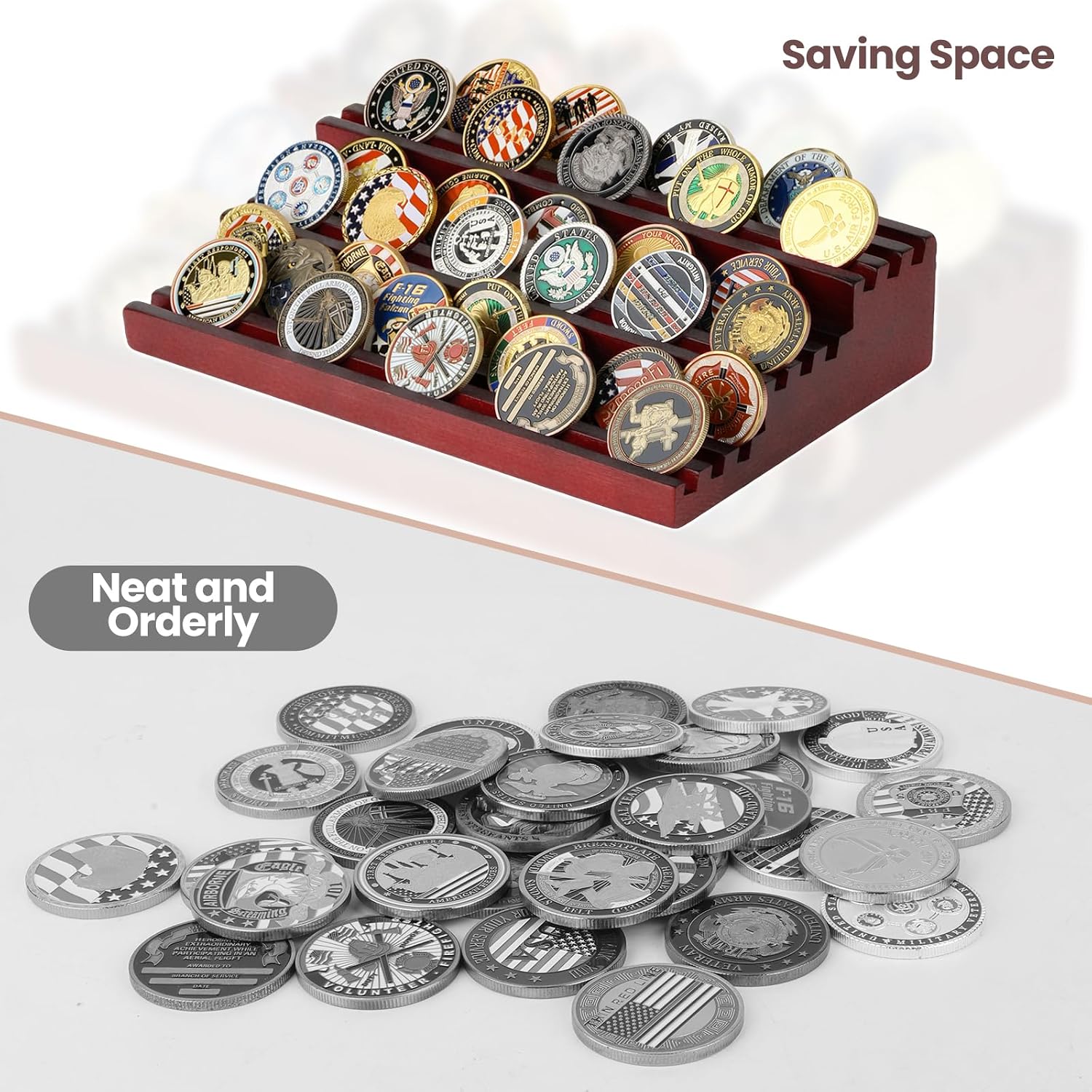 Challenge Coin Display Stand - Where Every Coin Tells A Story - Solid Wood Military Coin Rack | 9-Row Ladder Design Holds 45-60 Coins | Desktop Holder for Army Police Firefighters (Walnut)