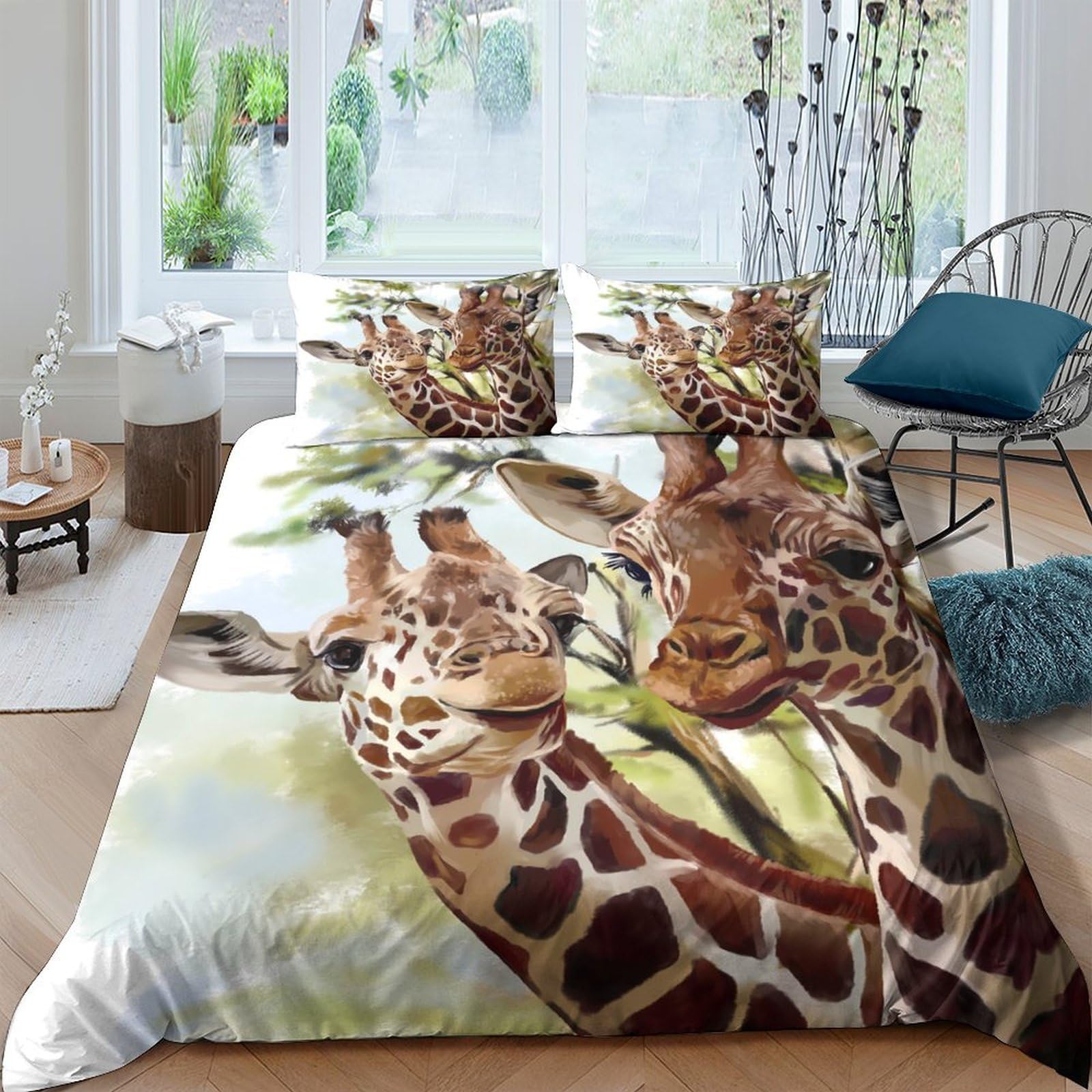 GPLZQXKJNH 3D Printed Giraffe Safari Duvet Cover Microfiber Soft Breathable Animal Jungle Quilt Cover Set with 2 Pillowcases for Bedroom Decor, Single（135x200cm）