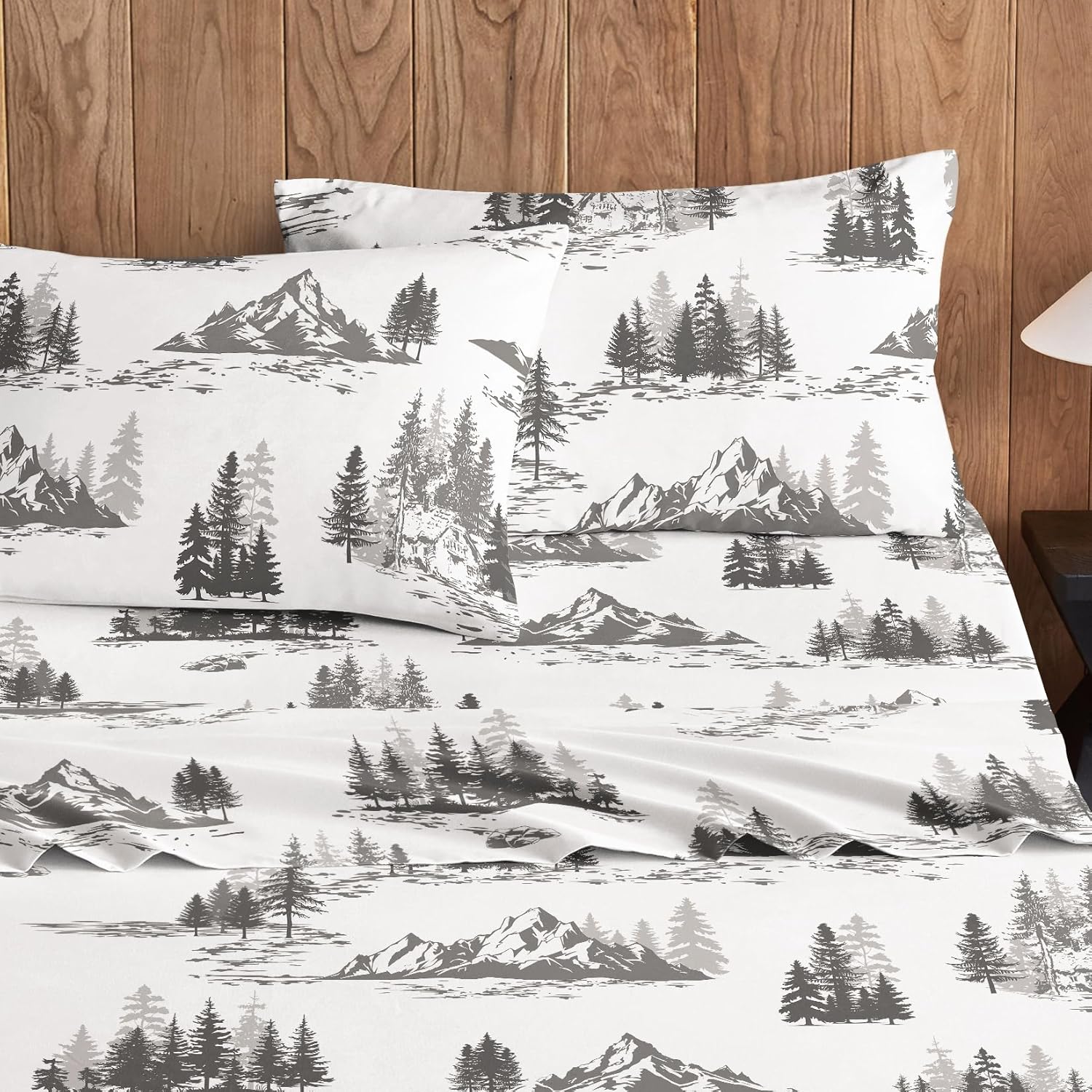 Wake In Cloud - Rustic Bed Sheets, 4-Piece Sheet Set, Cabin Forest Woodland Camping Theme with Lodge Mountain Pattern Printed Bedding, Deep Pocket, Grey White, Queen Size