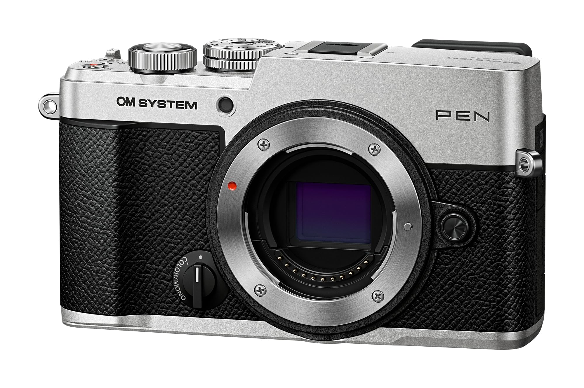 OM SYSTEM Pen cámara sin Espejo Resistente a la Intemperie Plateada con Visor electrónico y Control de perfiles de Color para fotografía Cotidiana y de Viajes