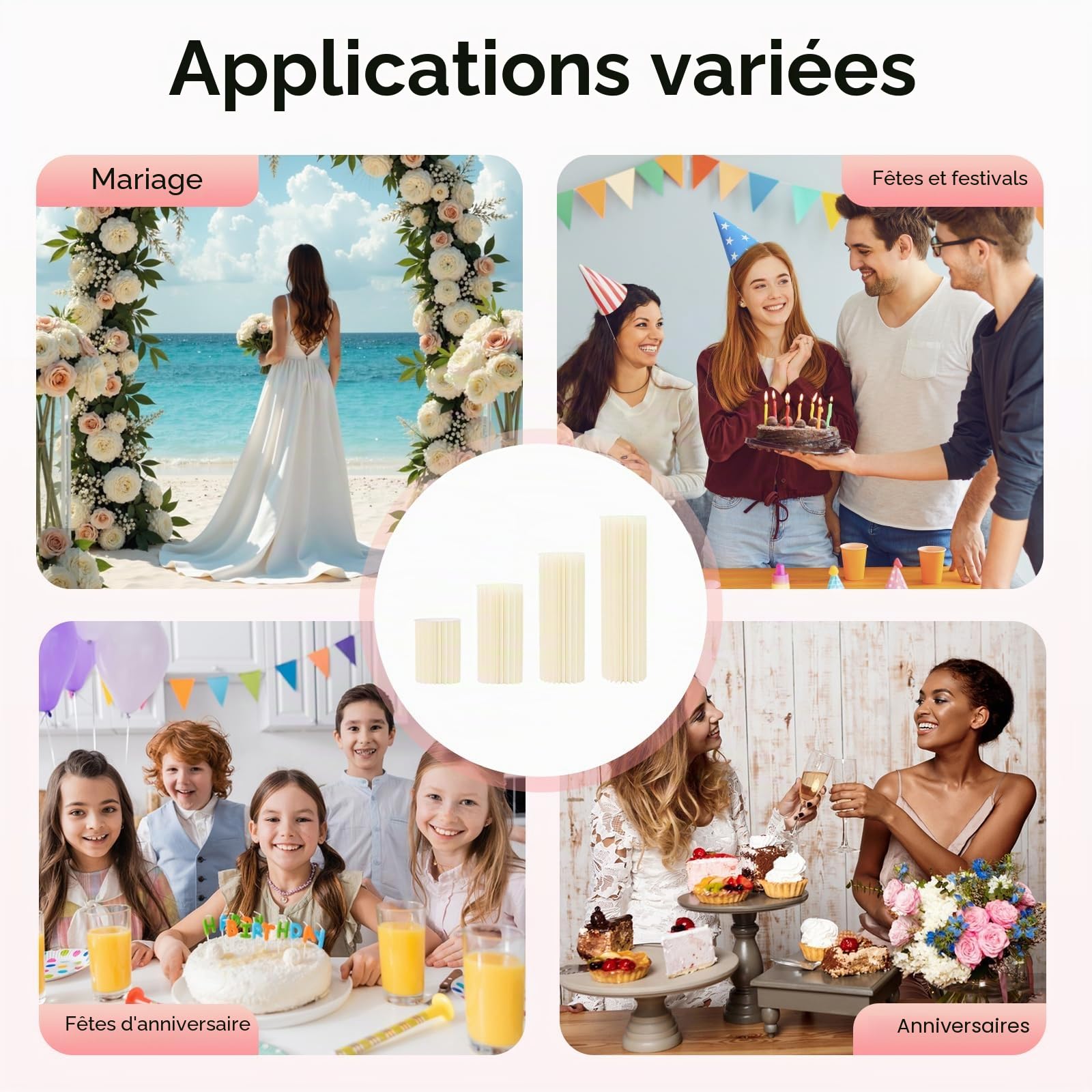Ensemble de 4 colonnes décoratives avec plaque acrylique - Support pliable en papier pour gâteaux et buffet - Colonnes de présentation pour mariage, fête et table à dessert - 40/60/80/100
