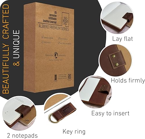 Miniatura 9 de Albero - Diario recargable de cuero genuino para hombres y mujeres, cubierta de cuero marrón vintage de 5 x 8 pulgadas, 200 + 200 páginas forradas y
