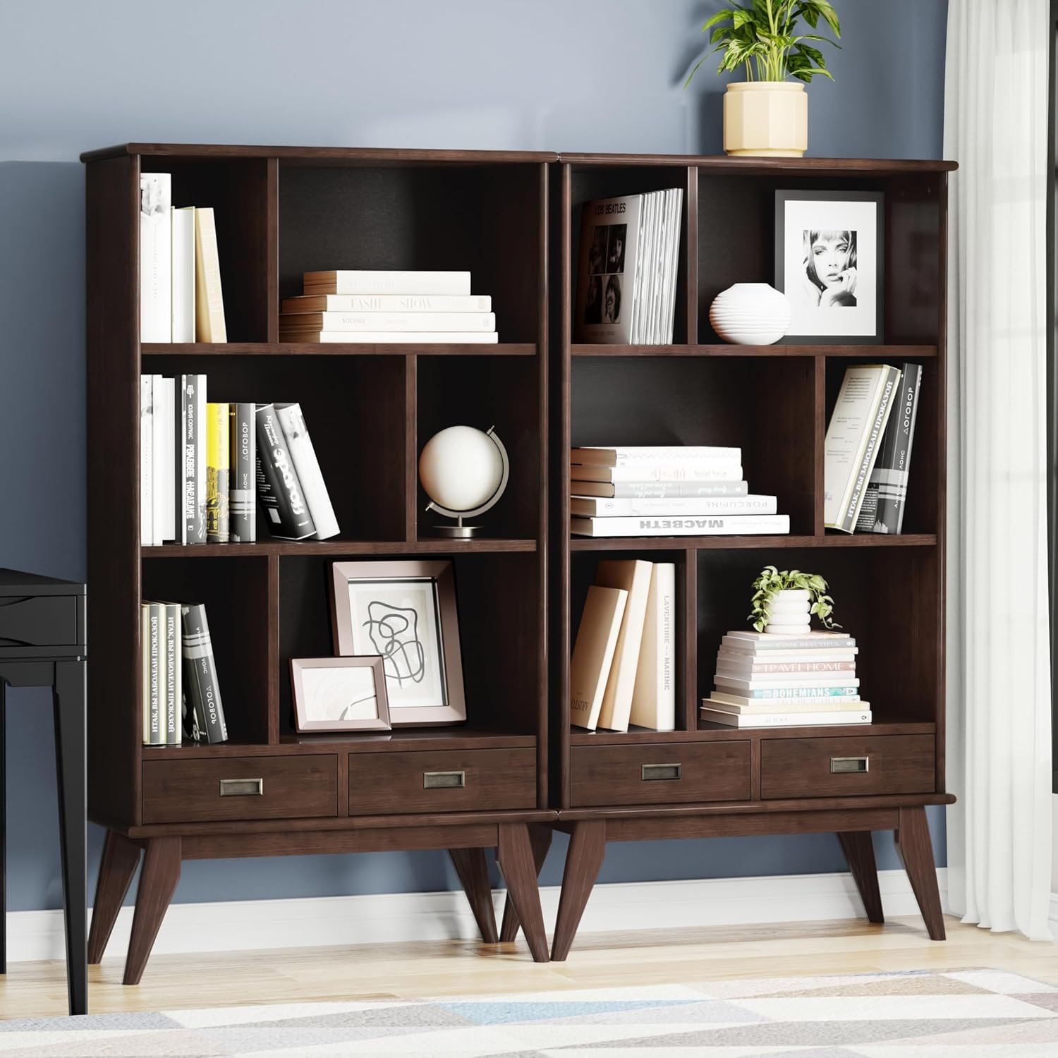 SIMPLIHOME Draper 35 inch Mid-Century Modern Bookcase and Storage Unit (Set of 2) in Medium Auburn Brown for the Living Room, Study Room and Office