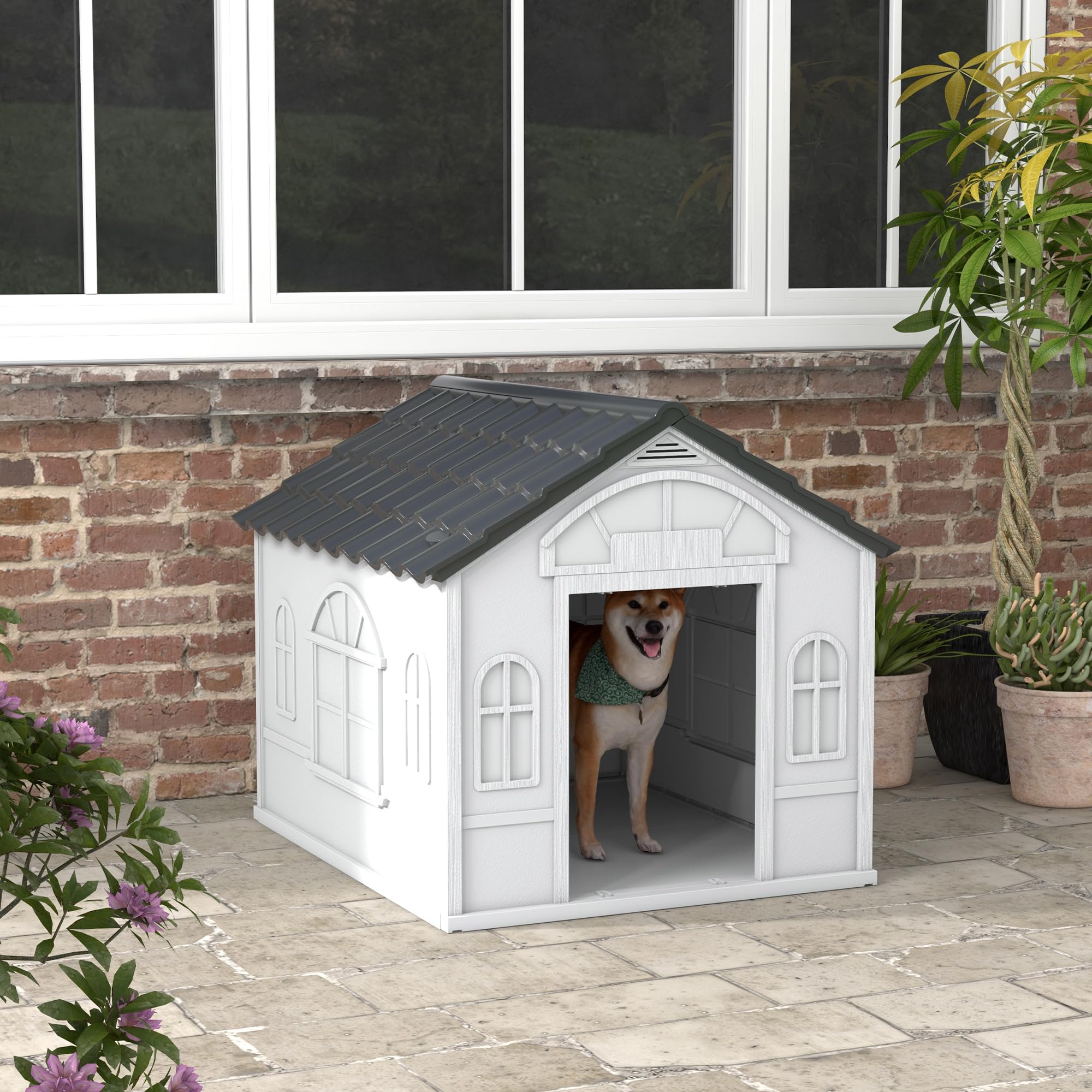 PawHut Außen-Hundehaus für große Hunde 84.2x98.2x82cm Grau | Wasserdichtes PP, Schrägdach, offene Vordertür, obere Lüftungsöffnung.