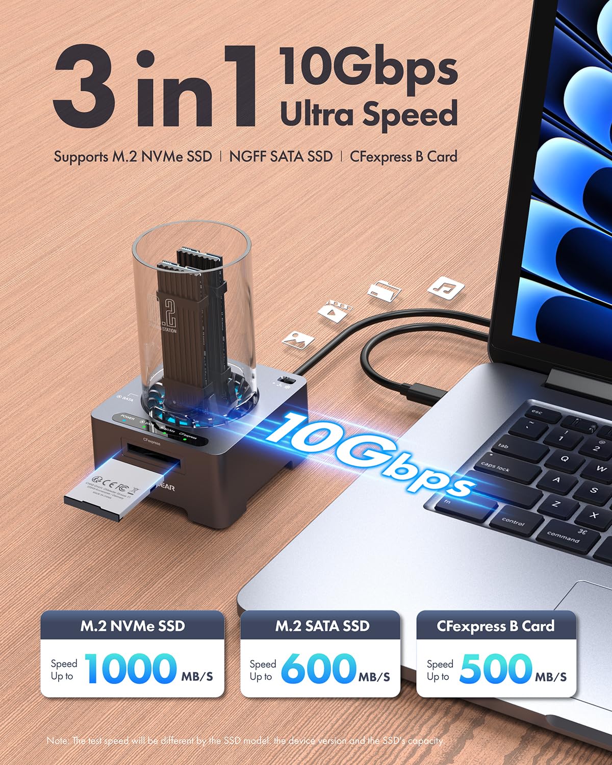 Station d'accueil SSD M.2, chipset JMS581LT pour Tous Les SSD NVMe et NGFF, Lecteur de Carte CFexpress Type B, USB3.2 Gen2 10 Gbit/s, Ventilateur Silencieux 60 mm, 2 câbles, Bloc d'alimentation