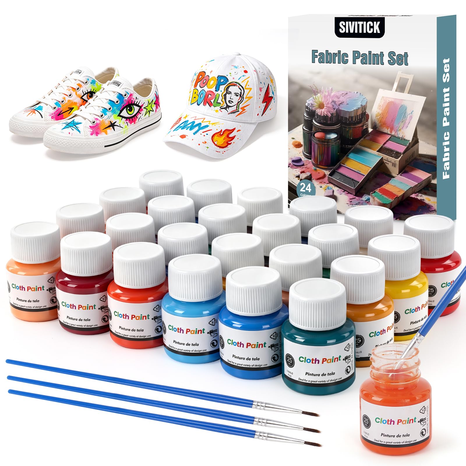 SIVITICK Permanent Fabric Paint Set, 24 Colours, Waterproof, Non-Toxic