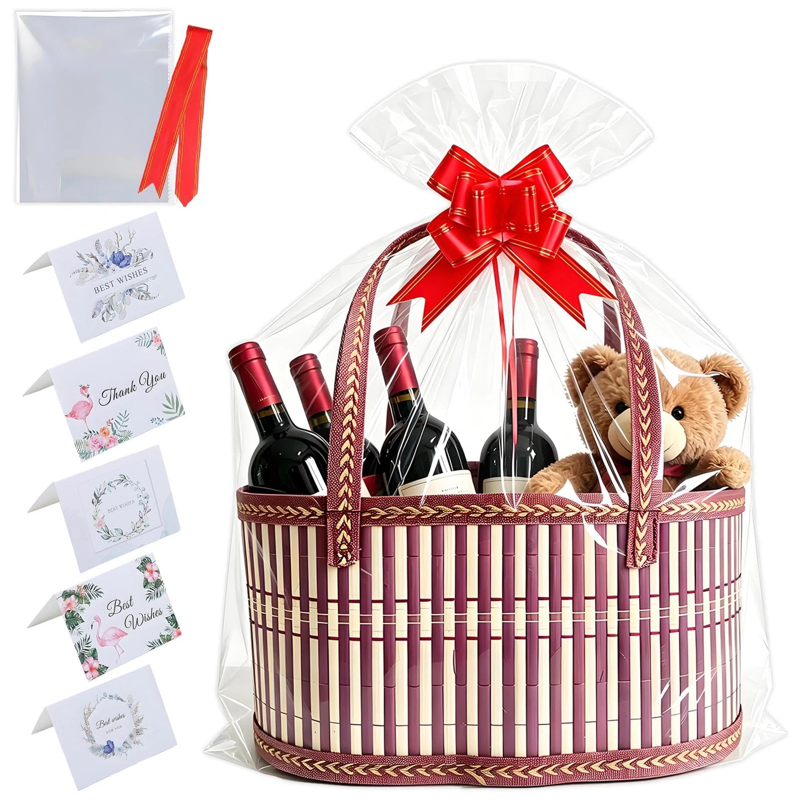 1 Set Hamper Baskets for Gifts Empty - Large Woven Gift Basket Set with Handles,Woven Bamboo Baskets for Christmas, Birthday & Wedding - Reusable Empty Hamper Basket for Storage & Presents
