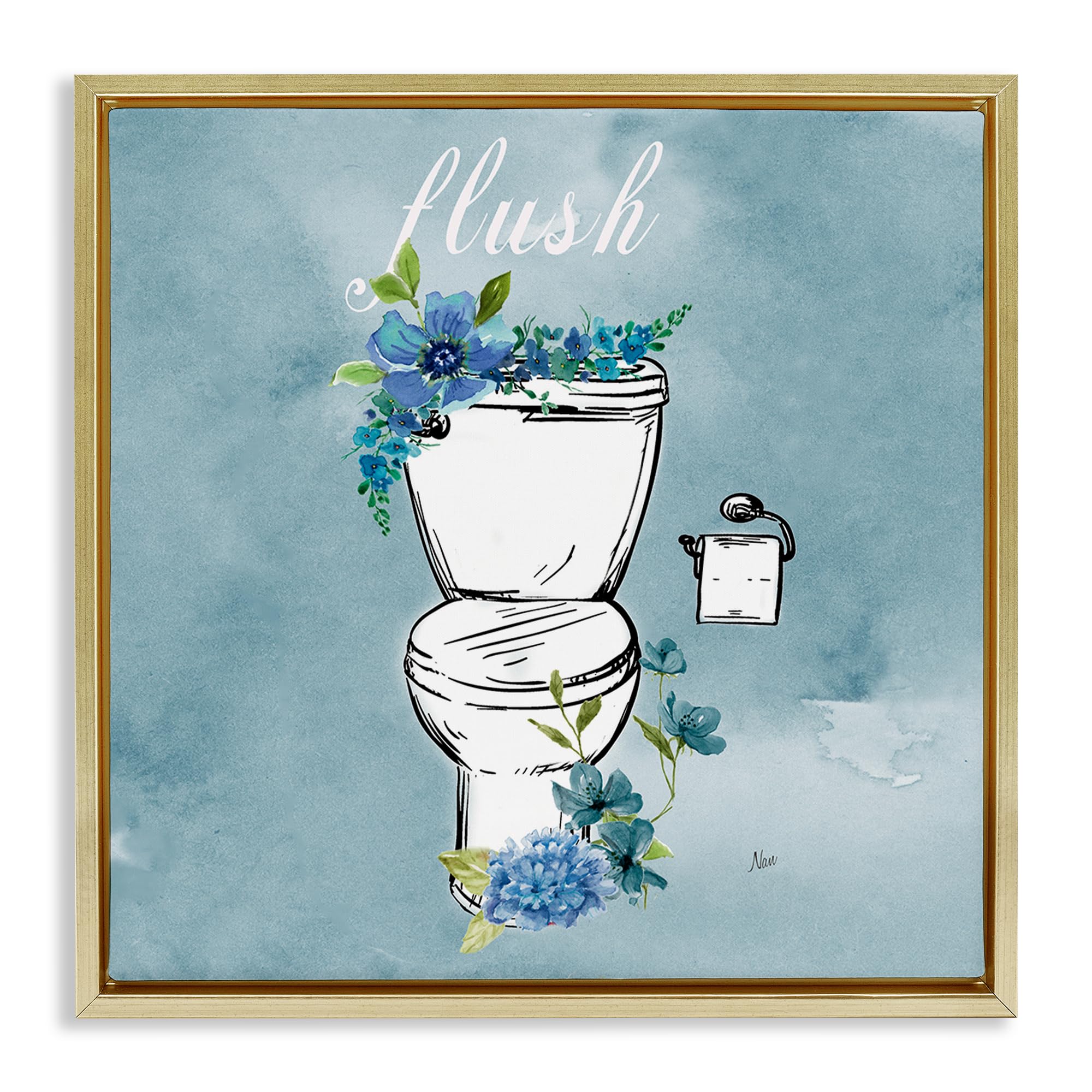 Stupell Industries Metallic Gold (Matte) 'Floral Bathroom Rules Flush'| Floating Frame Canvas Art