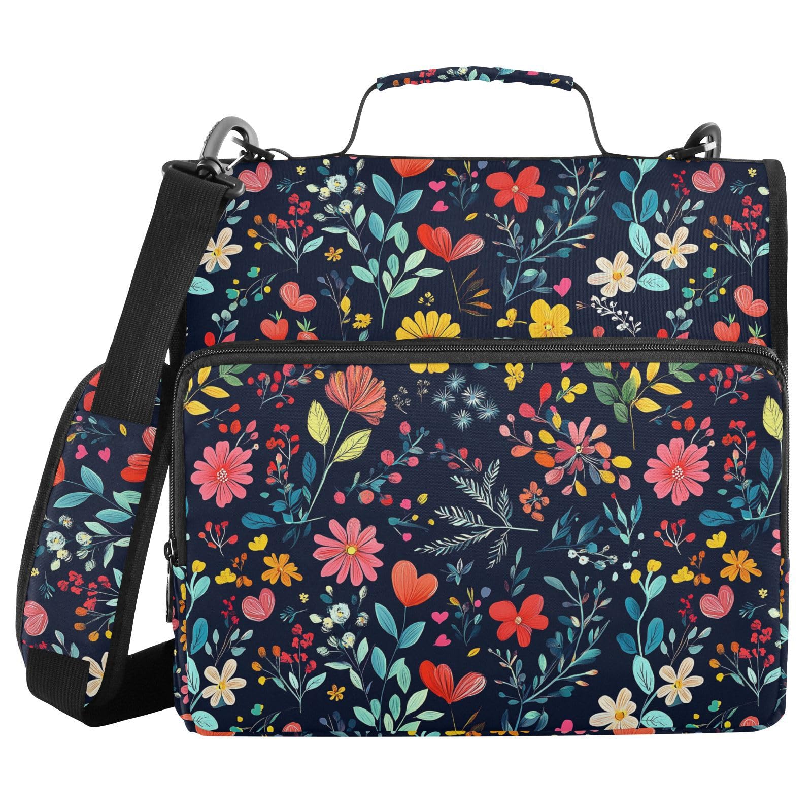 Colorful Wildflorals in Black Zipper Binder 3 Ring Binder 1.5 Inch with Zipper Shoulder Strap & Handle Binders Organizer Bag
