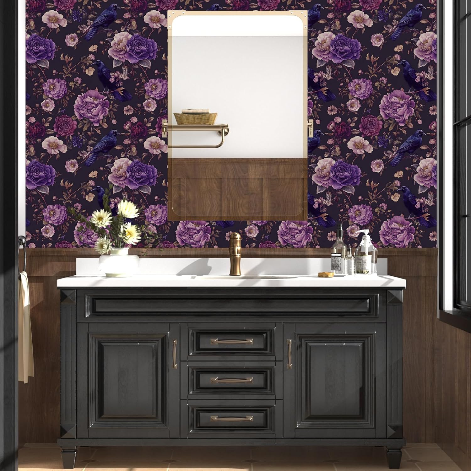 Dark Crow Birds Peel and Stick Wallpaper, Purple Raven Floral Contact Paper 17.5" x 393", Vintage Witchy Wall Paper Self Adhesive Removable Waterproof for Bathroom Bedroom Shelf Cabinet Drawer Table
