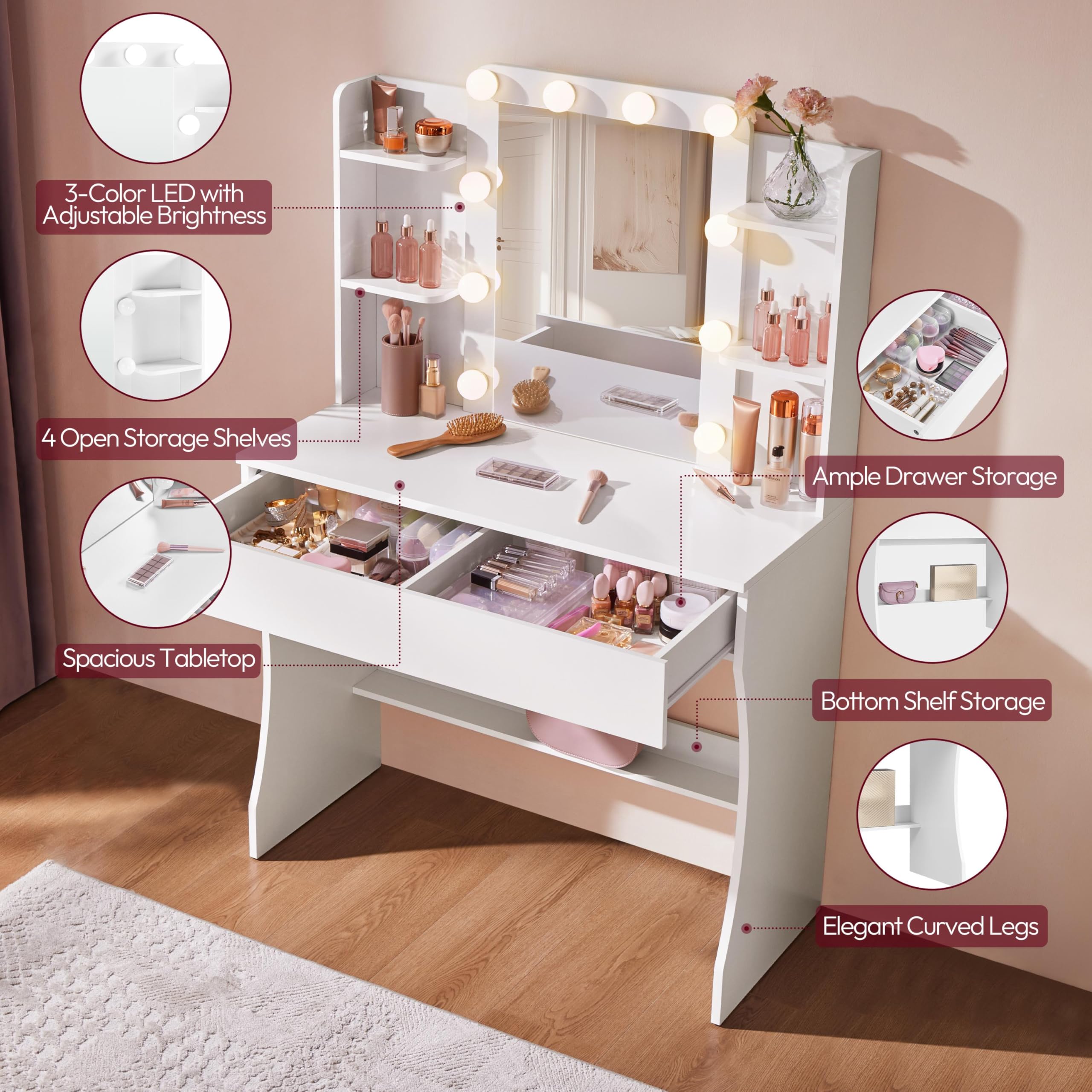 Abician Coiffeuse avec Miroir 10 LED 3 Couleurs Luminosité Réglable Table de Maquillage Deux Grands Tiroirs Six Étagères de Rangement Style Moderne Blanc