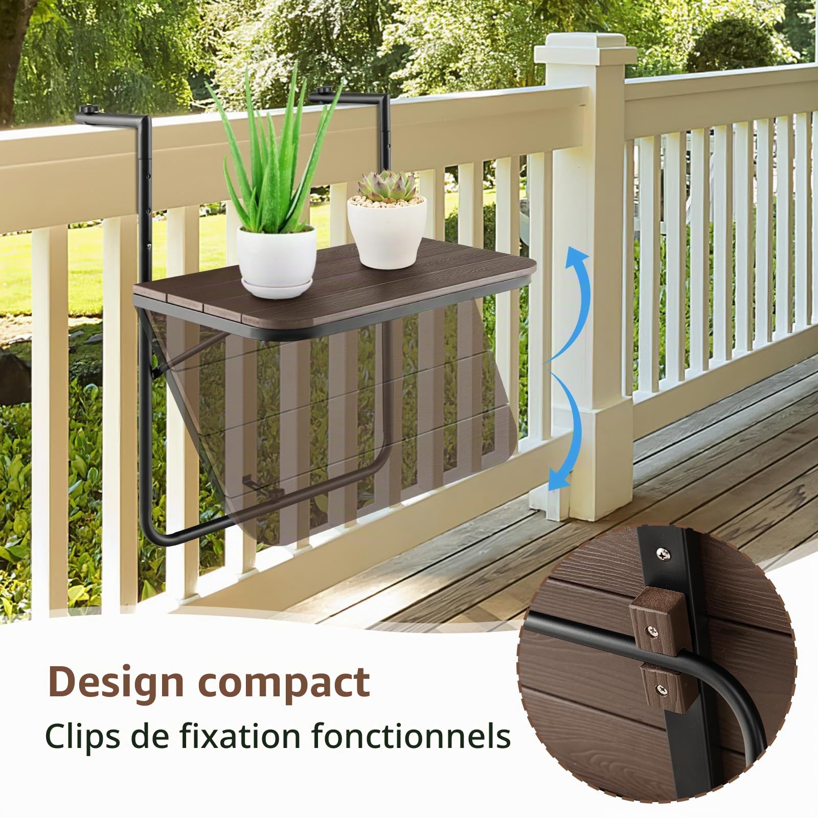 GIANTEX Table de Balcon Suspendue Pliable, Table Suspendue Rabattable et Hauteur Réglable, Résistante aux Intempéries, Charge 30 kg, pour Balcon, Terrasse, Jardin, 62,5 x 60 x 84 cm, Marron