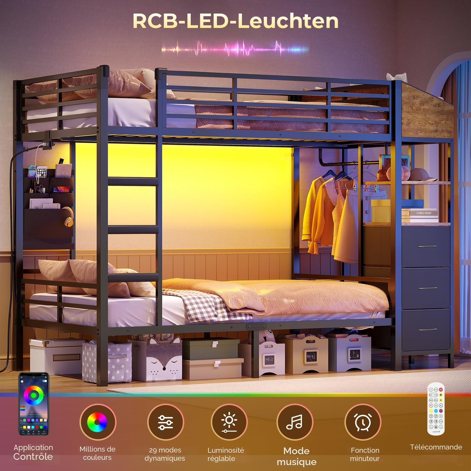 AOGLLATI Lit Superposé Enfant avec Éclairage LED et 4 Ports USB, Lit Mezzanine 2 Places avec 4 Étagères, Tringle, Sac, 3 Tiroirs et 2 Niche en Tissu, Lit Enfant 90x200 en Métal pour Familles Nombreux