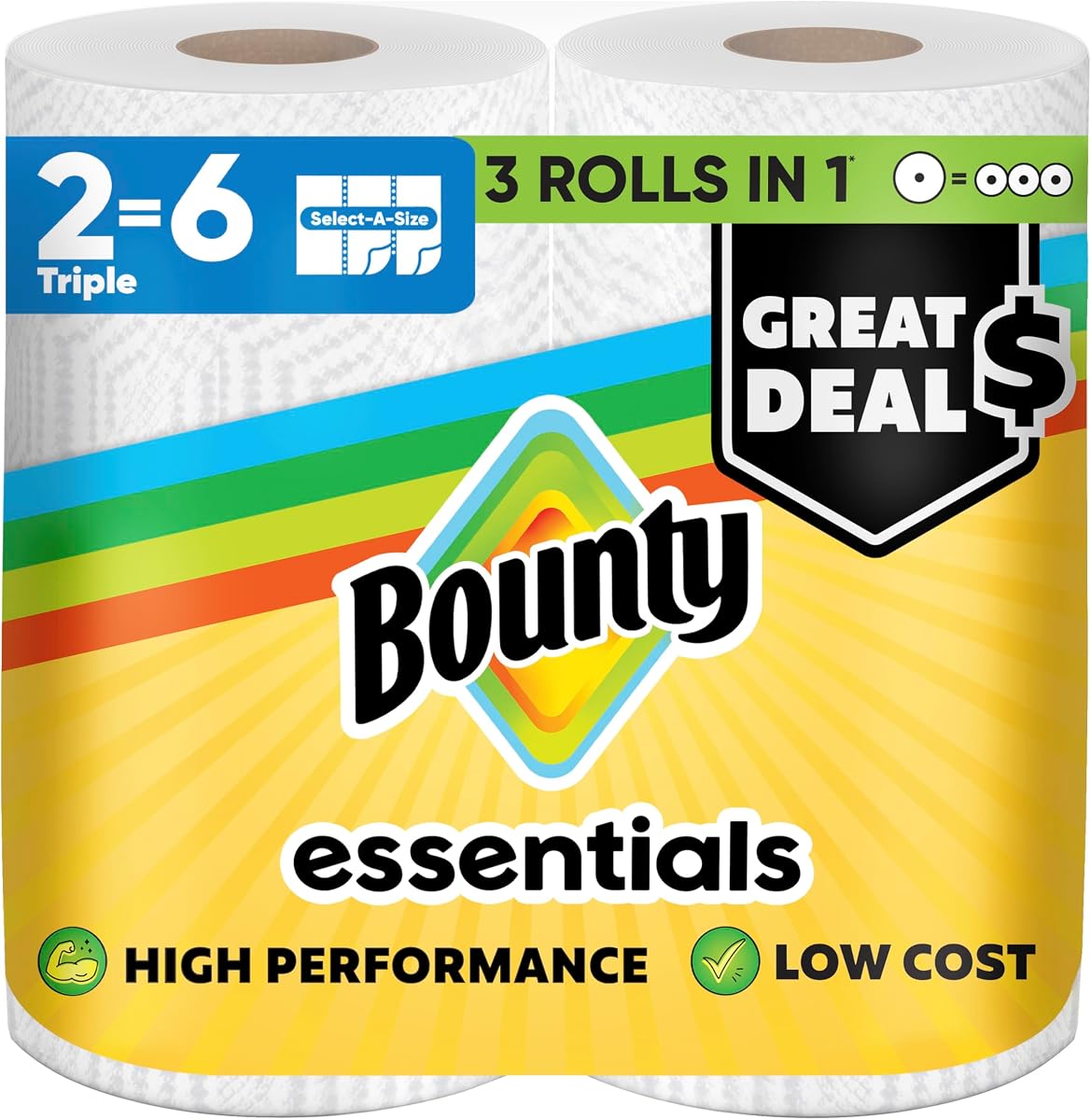 Toallas de papel Bounty Essentials Select-A-Size, blancas, 2 rollos triples = 6 rollos regulares (el embalaje puede variar)